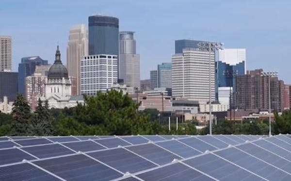 In a screen grab from a video, solar panels sit atop Parade Ice Garden in Minneapolis.