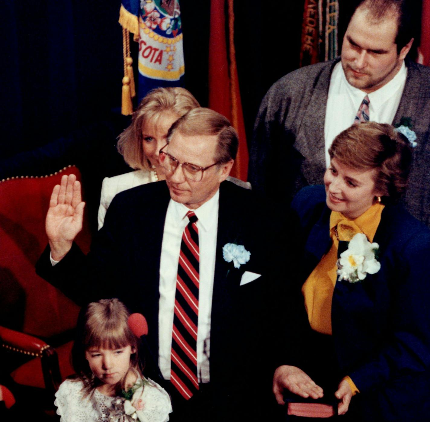 January 6, 1991 Minnesotas 37th Governor was sworn in at the Rotunda of the Capitol Bldg. Monday at noon, his family joined him on the stage the smallest of which is Jessica, she is 7yrs. Behind Arne is his daughter Ann and son Tucker. (a previous marriage) January 8, 1991 Stormi Greener, Minneapolis Star Tribune