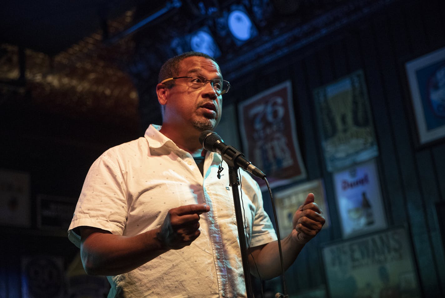 Rep. Keith Ellison spoke the the crowd on the stage at campaign party after winning the democratic nomination for Attorney General at Nomad World Pub in Minneapolis, Minn., on August 14, 2018. ] RENEE JONES SCHNEIDER &#x2022; renee.jones@startribune.com