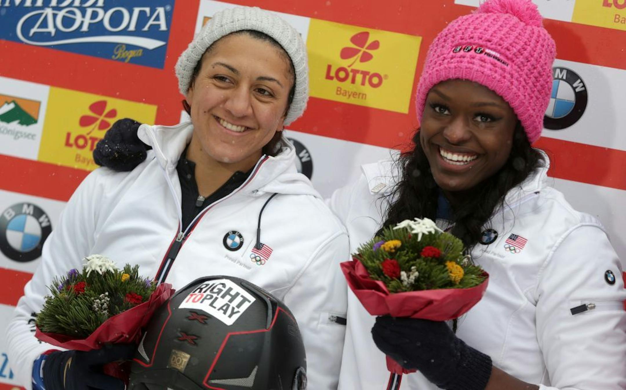Elana Meyers, left, and Aja Evans of the United States