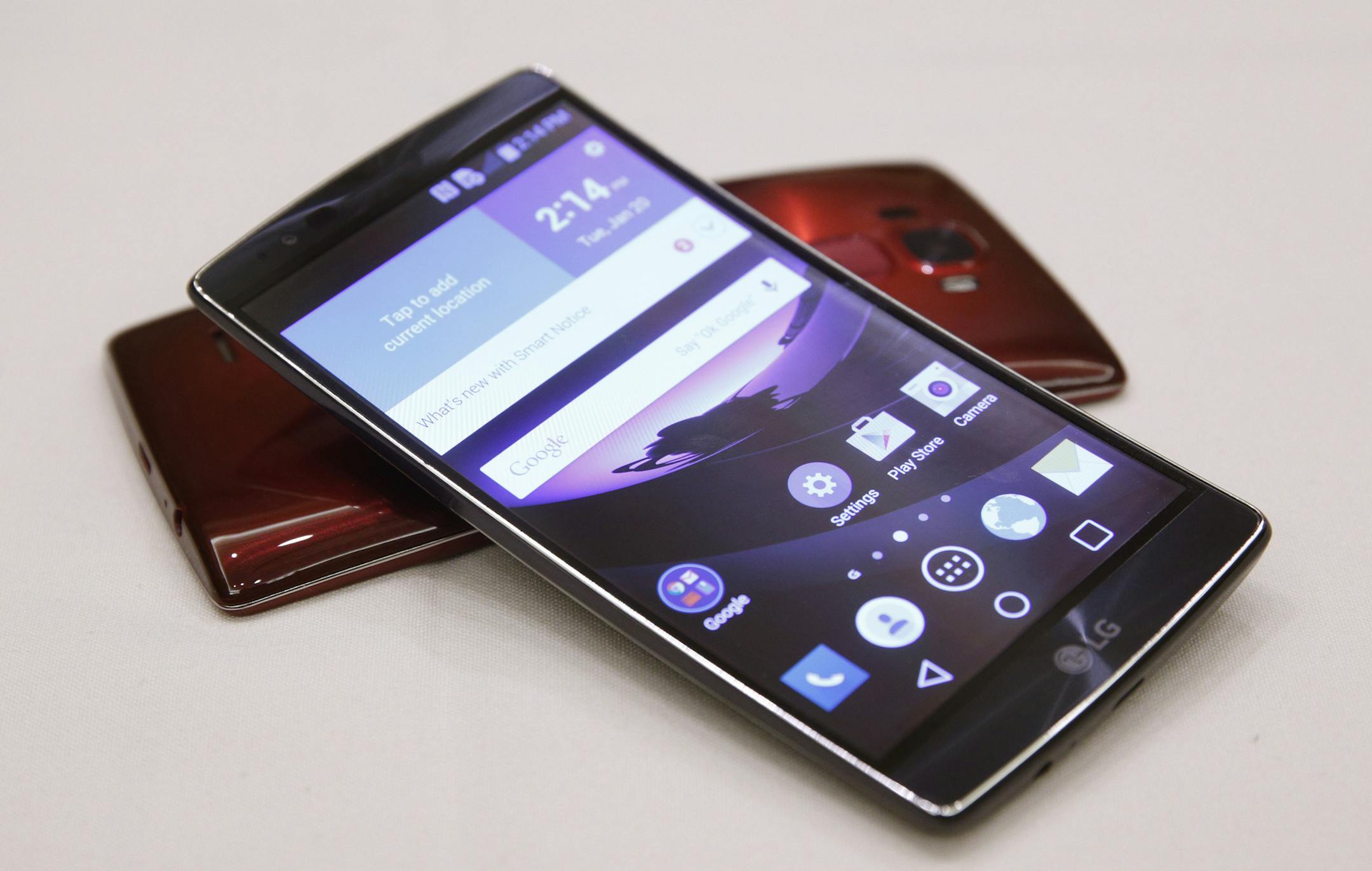 The LG G Flex 2 smartphone is displayed during a media preview before CES International Sunday, Jan. 4, 2015, in Las Vegas. (AP Photo/John Locher)