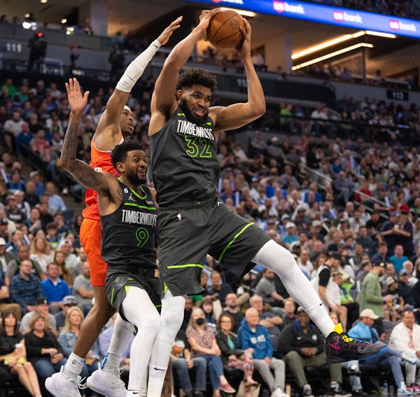 Minnesota Timberwolves center Karl-Anthony Towns (32) grabbed a defensive rebound in the third quarter. The Minnesota Timberwolves faced the Oklahoma 