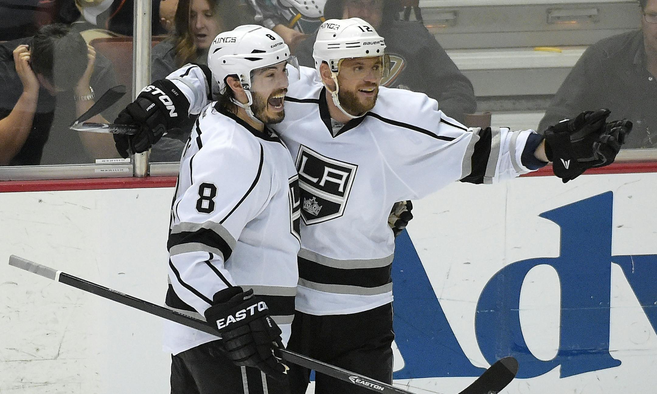Los Angeles Kings right wing Marian Gaborik, right, of Slovakia, celebrates his goal with defenseman Drew Doughty during the second period in Game 7 of an NHL hockey second-round Stanley Cup playoff series against the Anaheim Ducks, Friday, May 16, 2014, in Anaheim, Calif. (AP Photo/Mark J. Terrill) ORG XMIT: ANA208