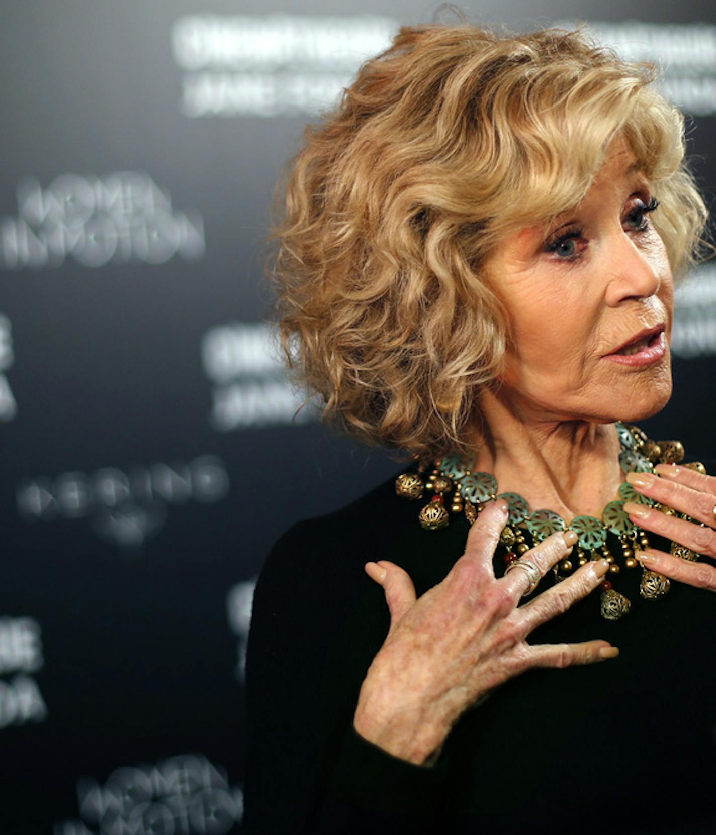 U.S actress Jane Fonda answers media prior to give a master class, at the film institute La Cinematheque Francaise, in Paris, Monday, Oct, 22, 2018. (AP Photo/Thibault Camus) ORG XMIT: MIN2018112813325921