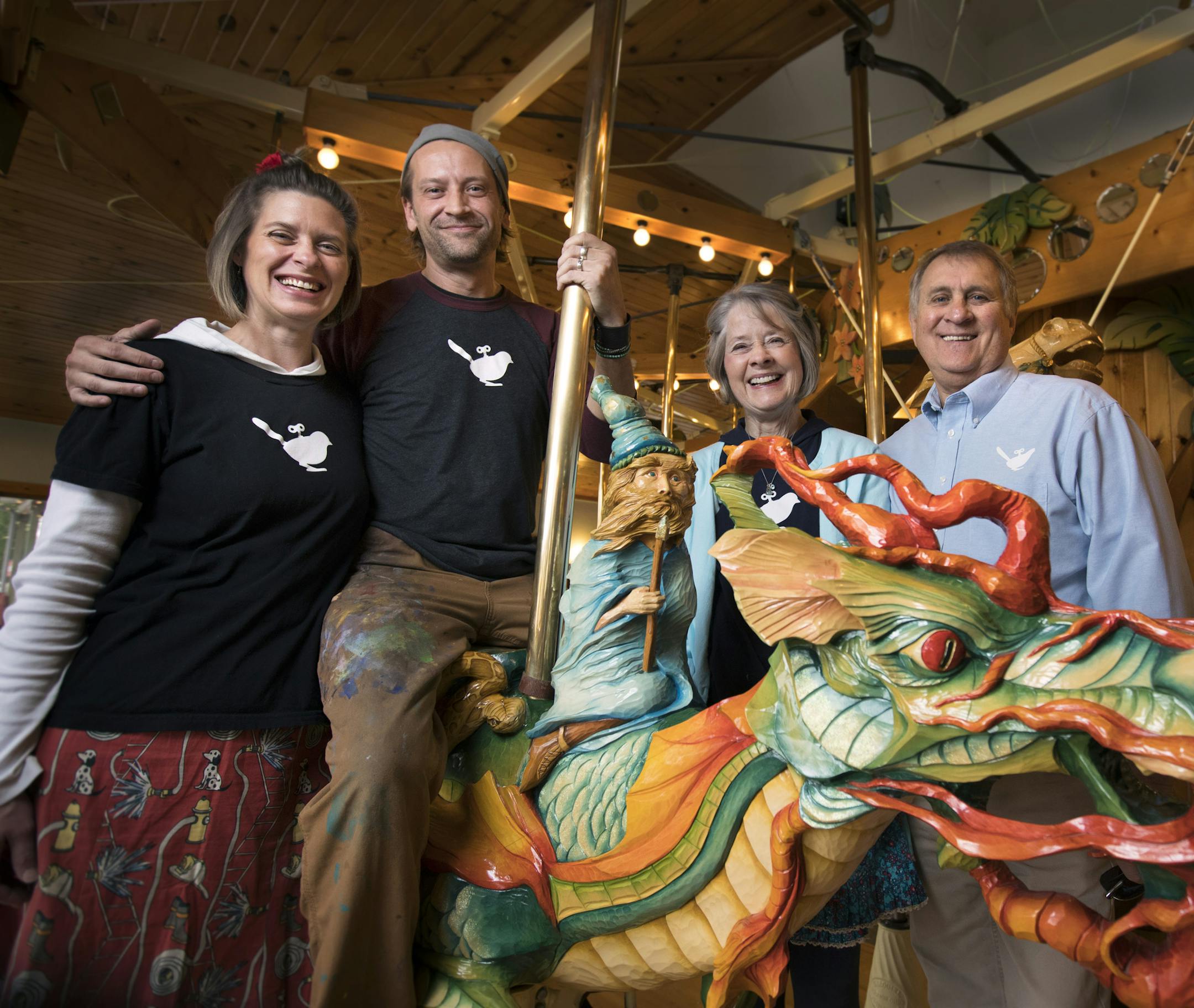 LARK Toys, the quaint but immense toy store in Kellogg, Minn. Part of the Magazine's gift guide. Here, family owners Ron and Kathy Gray (right) and Miranda and Scott Gray-Burlingame on one of the hand carved carousel figures in their expansive toy store in Kellogg, MN. ] BRIAN PETERSON &#x2022; brian.peterson@startribune.com
Kellogg, MN 10/31/2017