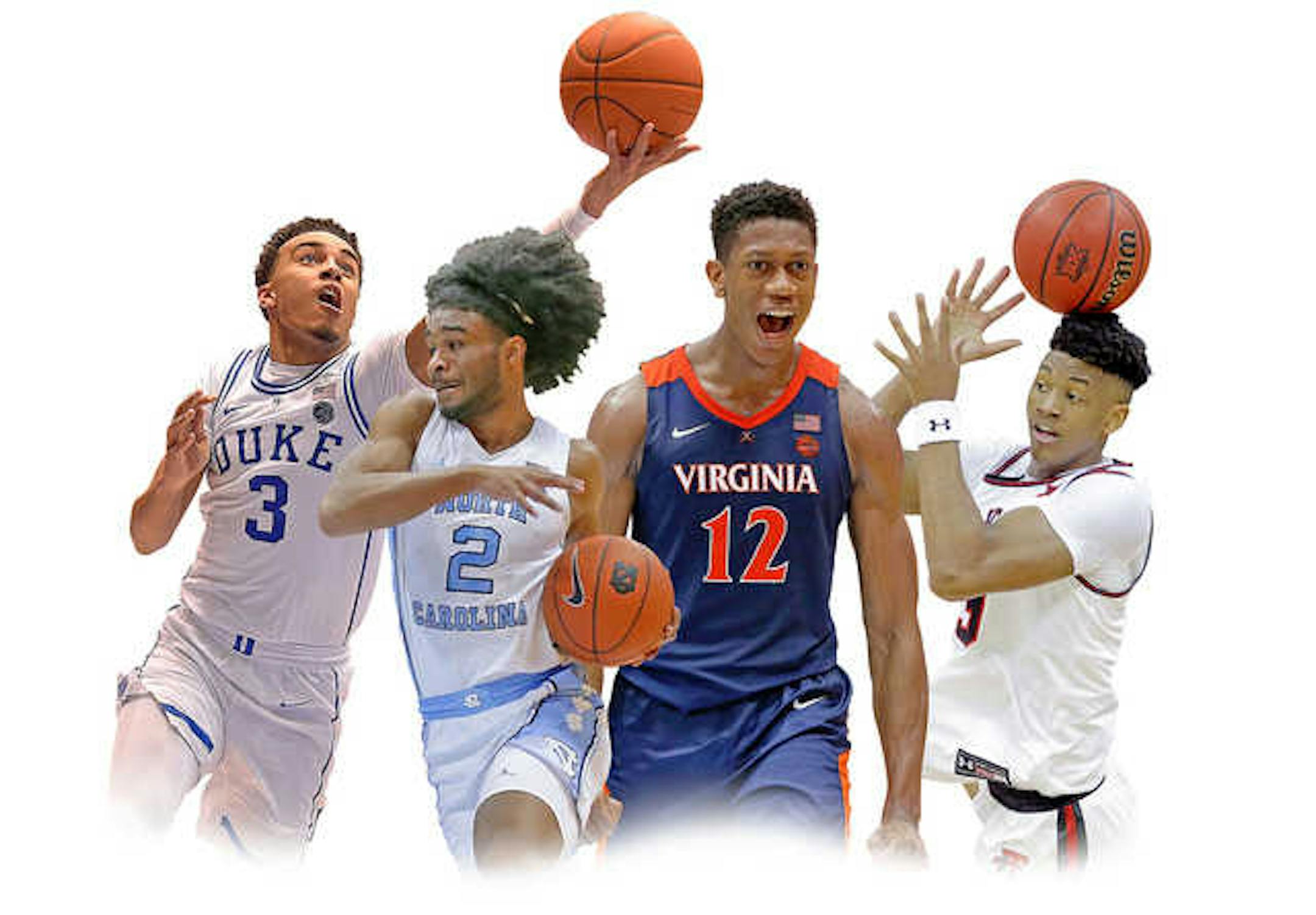 Some of the standout players in the NCAA men's basketball tournament (from left): Duke's Tre Jones, North Carolina's Coby White, Virginia's De'Andre Hunter and Texas Tech's Jarrett Culver.