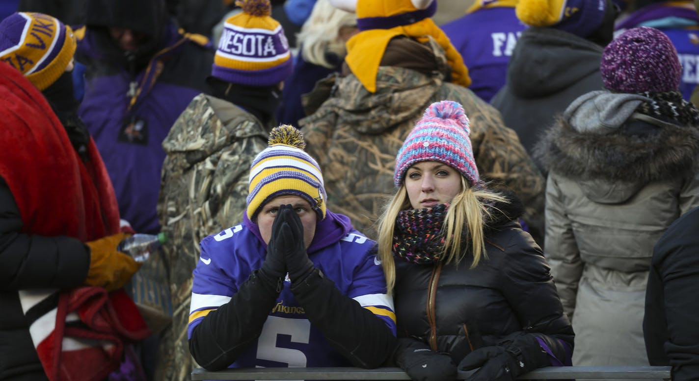 Disappointed Vikings fans lingered in the stands after the last second loss to Seattle Sunday afternoon. ] JEFF WHEELER &#xef; jeff.wheeler@startribune.com The Minnesota Vikings lost 10-9 to the Seattle Seahawks in their NFL wild card playoff game Sunday afternoon, January 10, 2016 at TCF Bank Stadium in Minneapolis. ORG XMIT: MIN1601101653192310