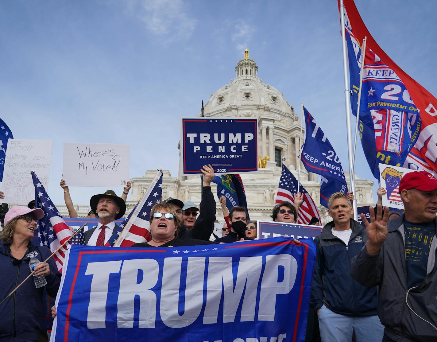 Around the country, Trump supporters are gathering at state capitols to show their intolerance for illegal ballots. People in Minn. chanted Ôstop the stealÕ and 'four more years.' ] Shari L. Gross ¥ shari.gross@startribune.com Around the country, Trump supporters are gathering at state capitols to show their intolerance for illegal ballots. People in Minn. chanted Ôstop the steal.Õ ORG XMIT: MIN2011071214160008