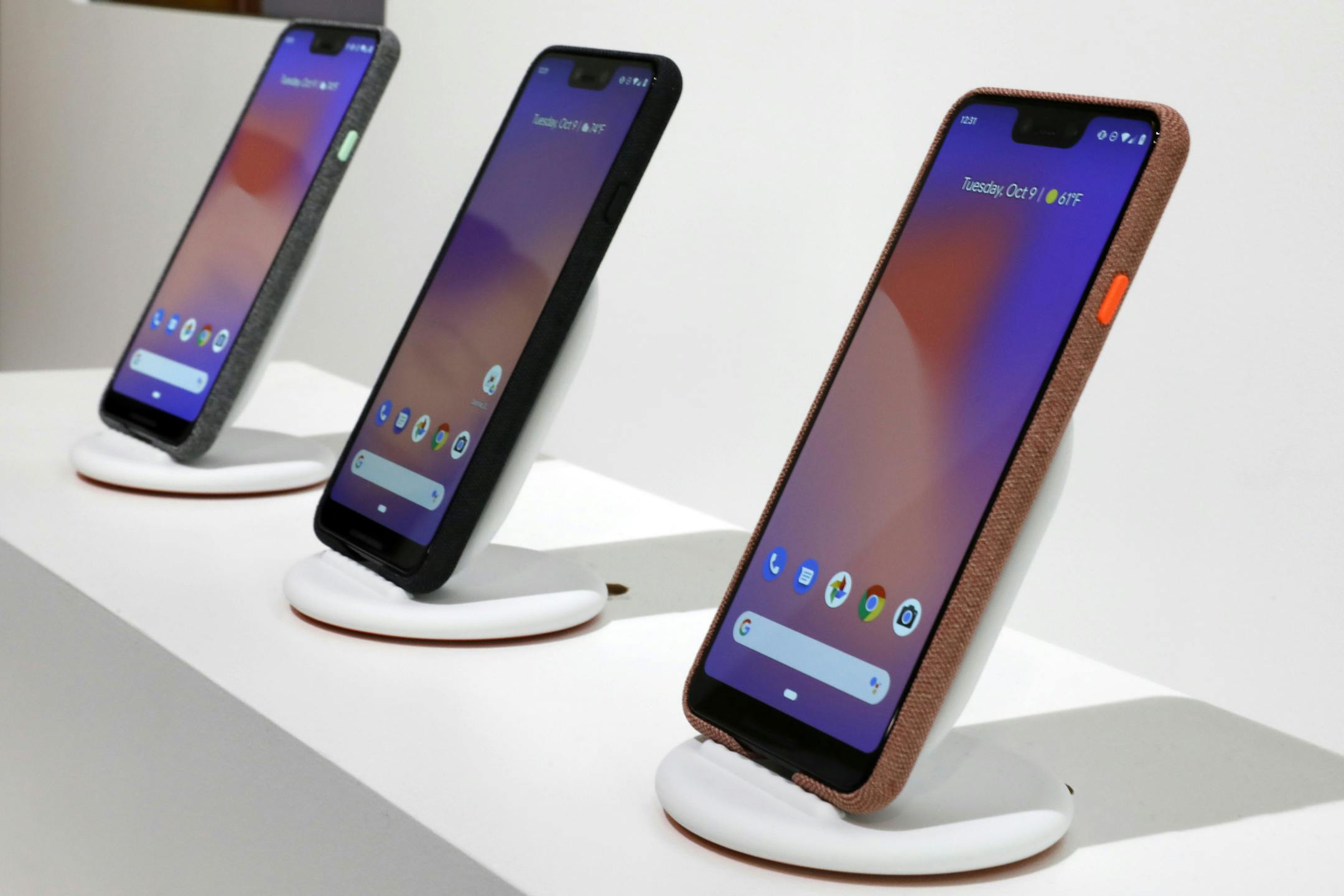 New Google Pixel 3 smartphones are displayed in New York, Tuesday, Oct. 9, 2018. Google introduced two new smartphones in its relentless push to increase the usage of its digital services and promote its Android software that already powers most of the mobile devices in the world.(AP Photo/Richard Drew) ORG XMIT: NYRD108