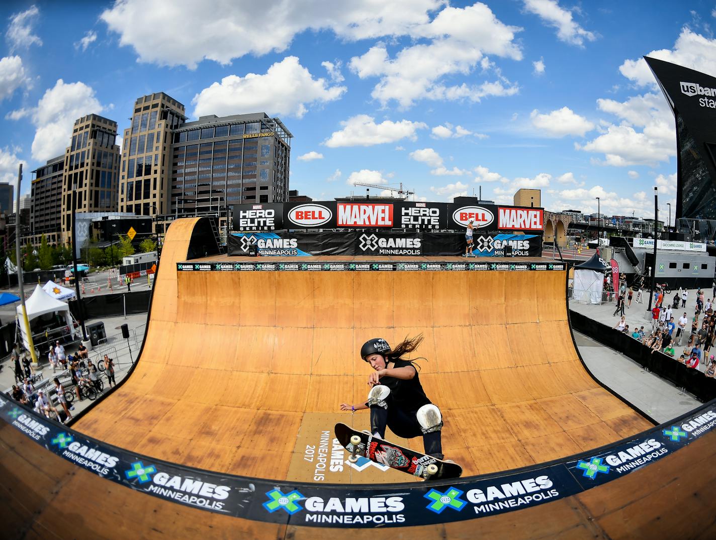 Nicole Hause, of Stillwater, performed a frontside grind on the vert ramp during a demo Sunday afternoon outside US Bank Stadium. ] AARON LAVINSKY &#xef; aaron.lavinsky@startribune.com The X Games were held Sunday, July 16, 2017 at US Bank Stadium in Minneapolis, Minn. ORG XMIT: MIN1707161611532248