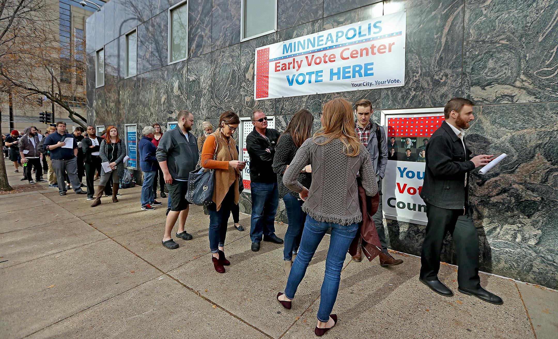 Voters lined up outside the Community Services Building at 217 South Third Street during the last day to vote early, Monday, November 7, 2016 in Minneapolis, MN. Wait times were expected at 45 minutes.