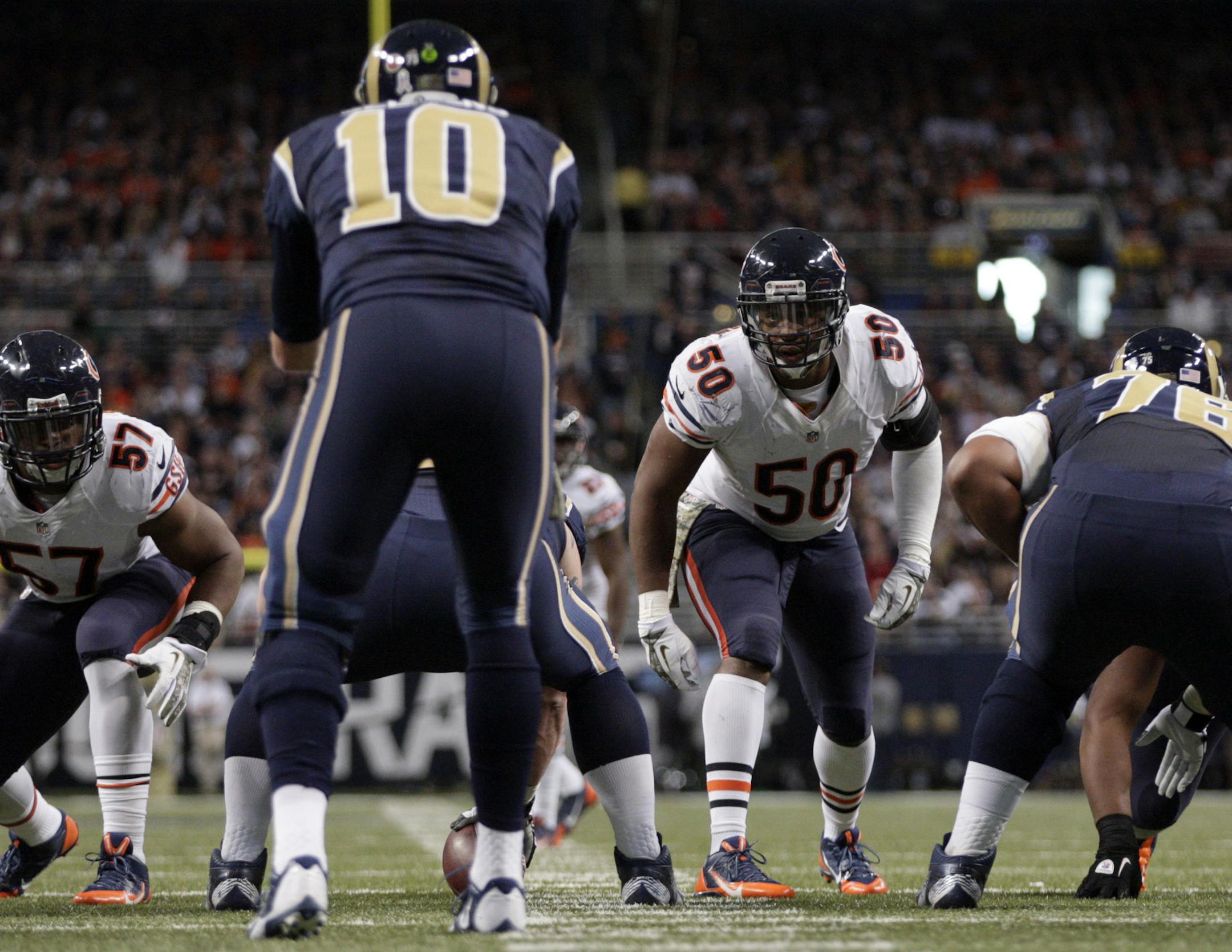 Chicago Bears linebacker James Anderson (50) waits for the snap during the third quarter of an NFL football game against the St. Louis Rams on Sunday, Nov. 24, 2013, in St. Louis. (AP Photo/Tom Gannam)