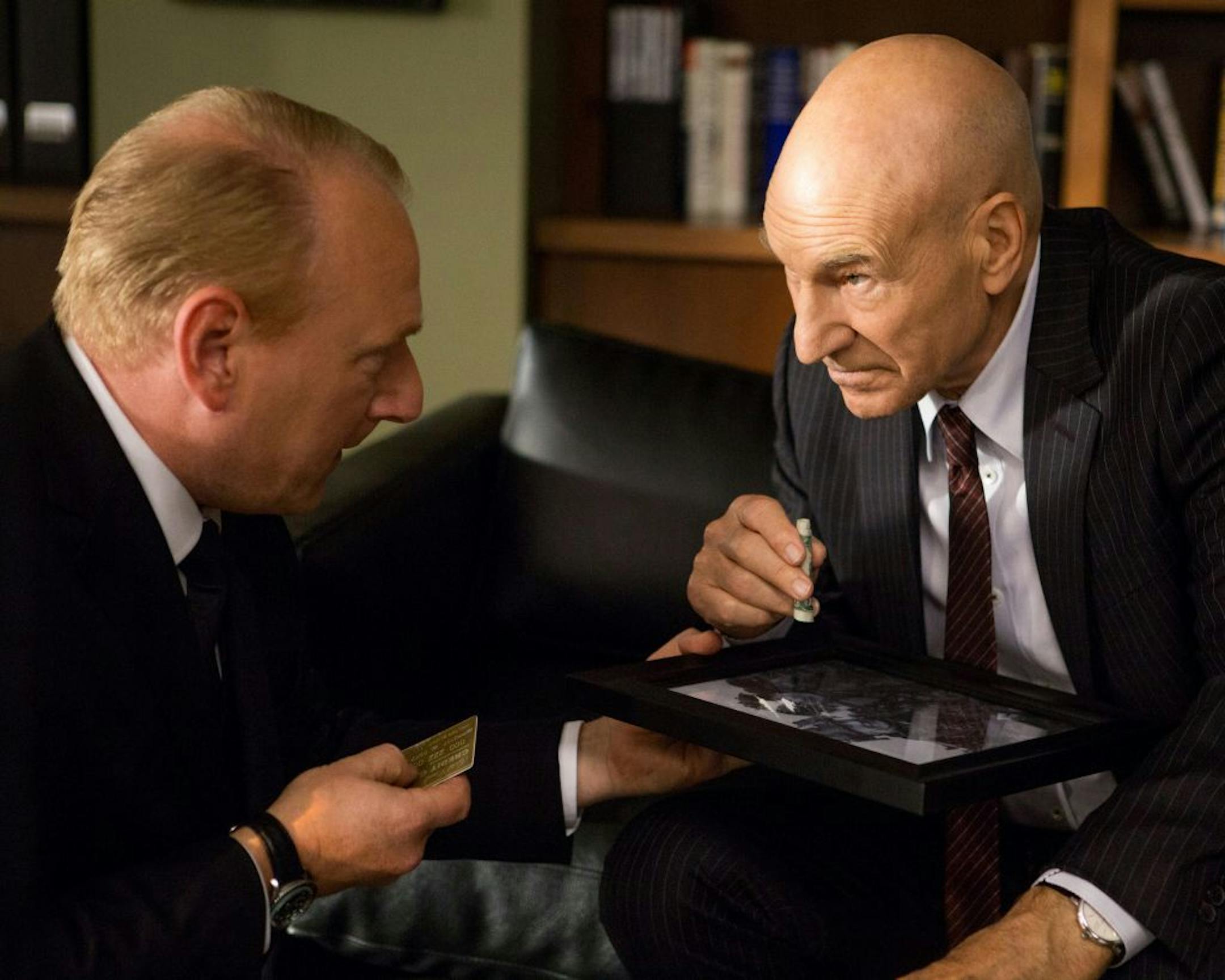 This photo provided by Starz Entertainment, LLC shows, Adrian Scarborough, left, as Harry, and Patrick Stewart as Walter Blunt, in a scene from season one of "Blunt Talk." The show debuts Saturday, Aug. 22, 2015, at 9 p.m. ET/PT on Starz.