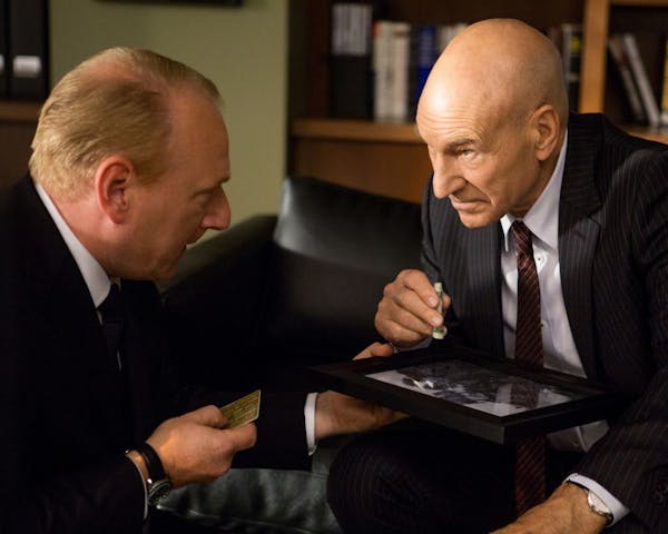 This photo provided by Starz Entertainment, LLC shows, Adrian Scarborough, left, as Harry, and Patrick Stewart as Walter Blunt, in a scene from season