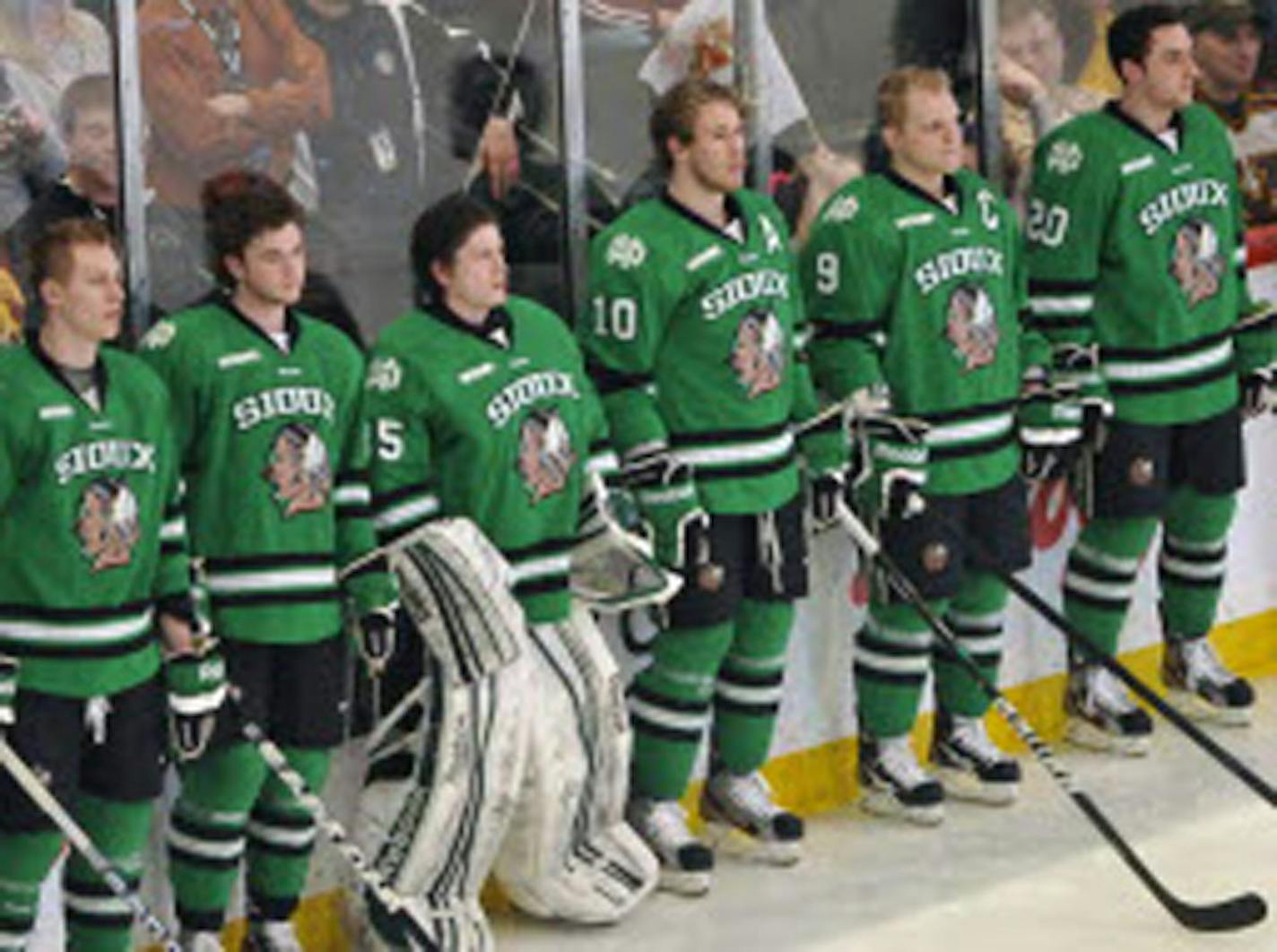 The University of North Dakota lined up before a hockey game in 2012, the year when the school dropped its "Fighting Sioux" nickname and logo.