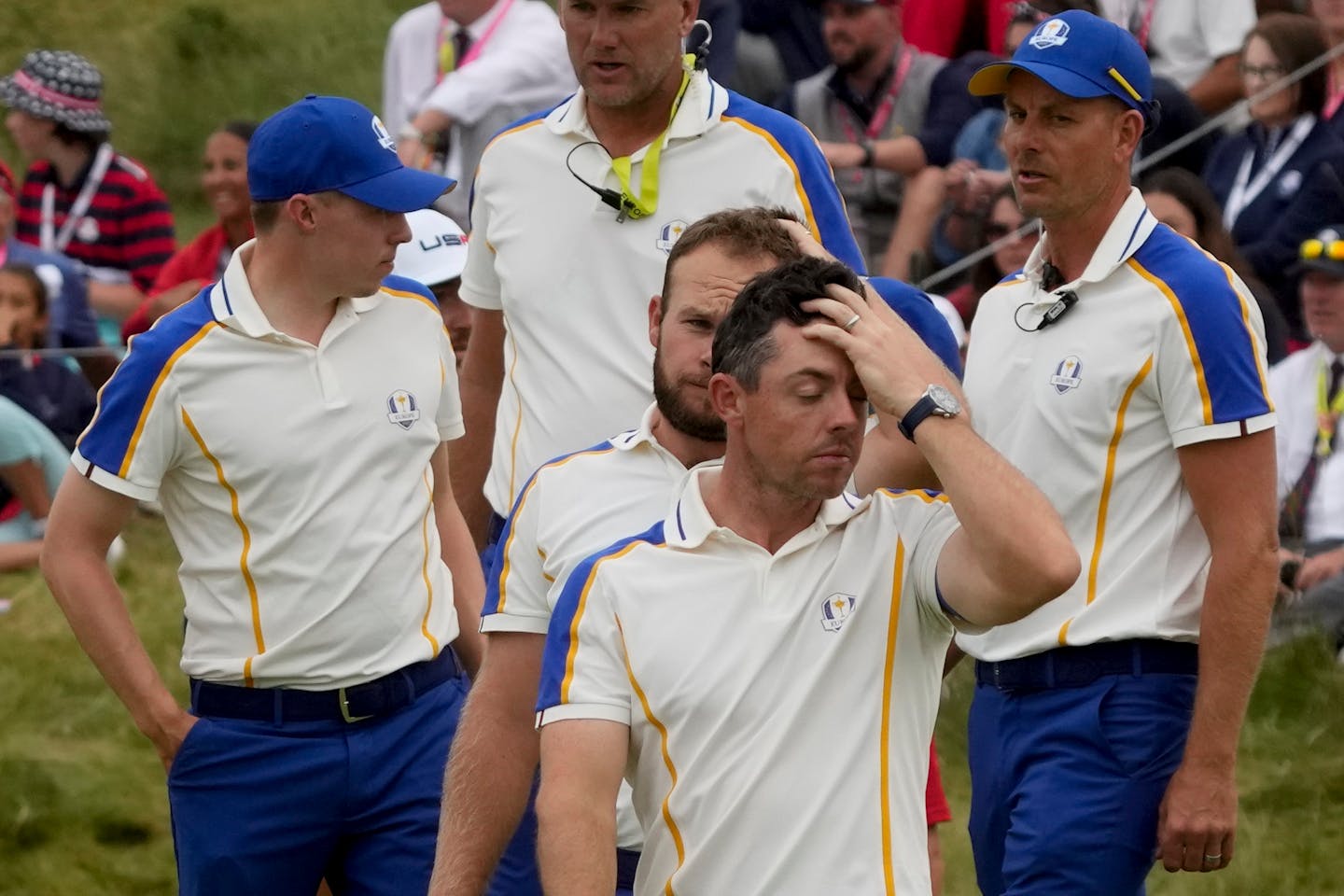 Team Europe's Rory McIlroy reacts after their loss to Team USA during the Ryder Cup at the Whistling Straits Golf Course Sunday, Sept. 26, 2021, in Sheboygan, Wis. (AP Photo/Charlie Neibergall)