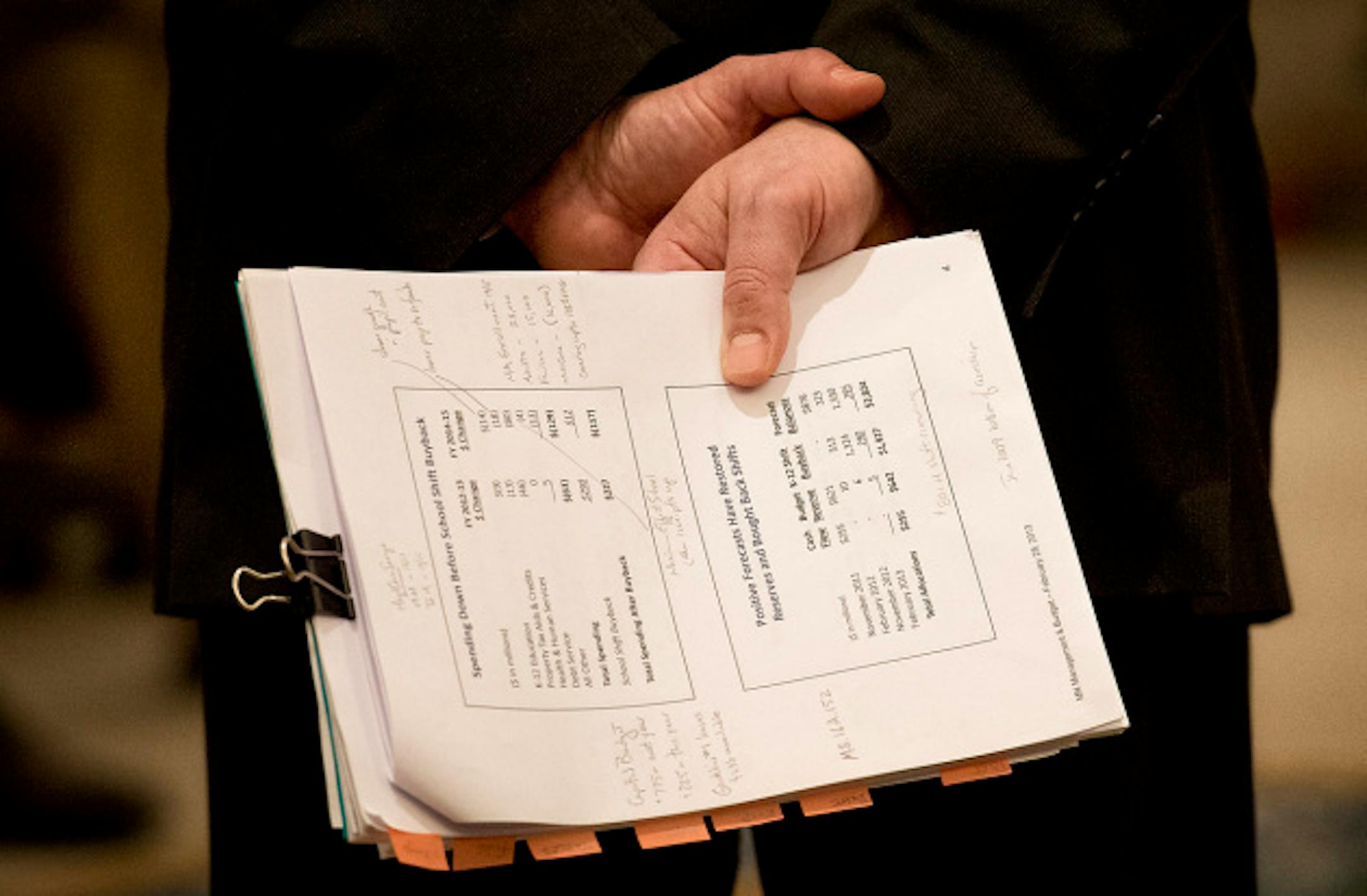 Minnesota Management & Budget Commissioner Jim Schowalter held his notes as he answered reporters questions.  He,  State Economist Dr. Tom Stinson, and State Budget Director Margaret Kelly released the State of Minnesota February Budget Forecast on Thursday, February 28, 2013.    ]   GLEN STUBBE * gstubbe@startribune.com