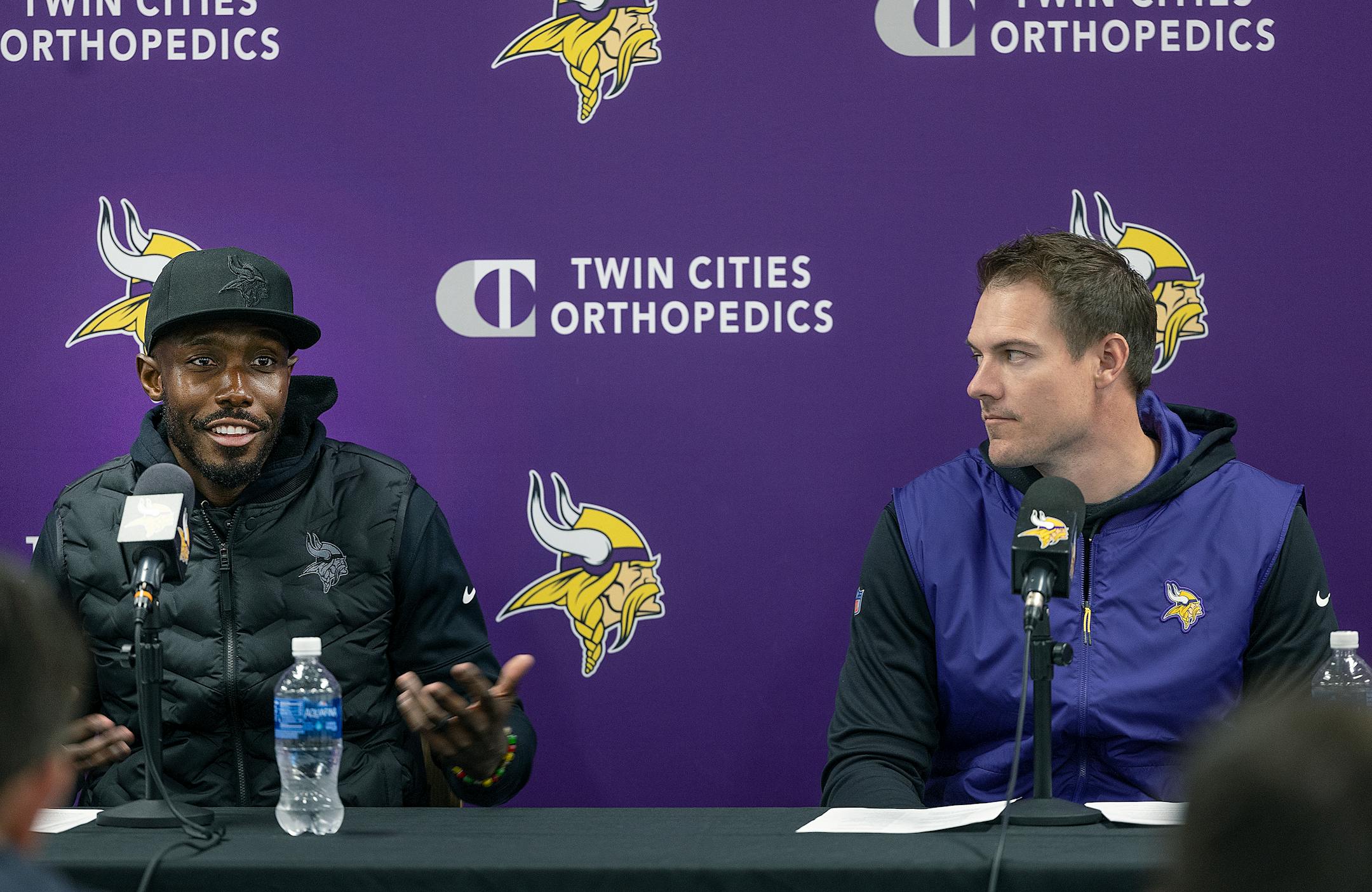 Vikings general manager Kwesi Adofo-Mensah and head coach Kevin O'Connell address the media at the TCO Performance Center in Eagan.