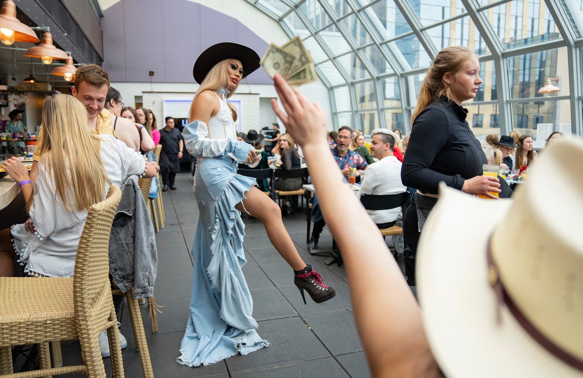 Julia Starr performs during a Shania Twain + Country drag brunch May 13 at Union Rooftop in Minneapolis.