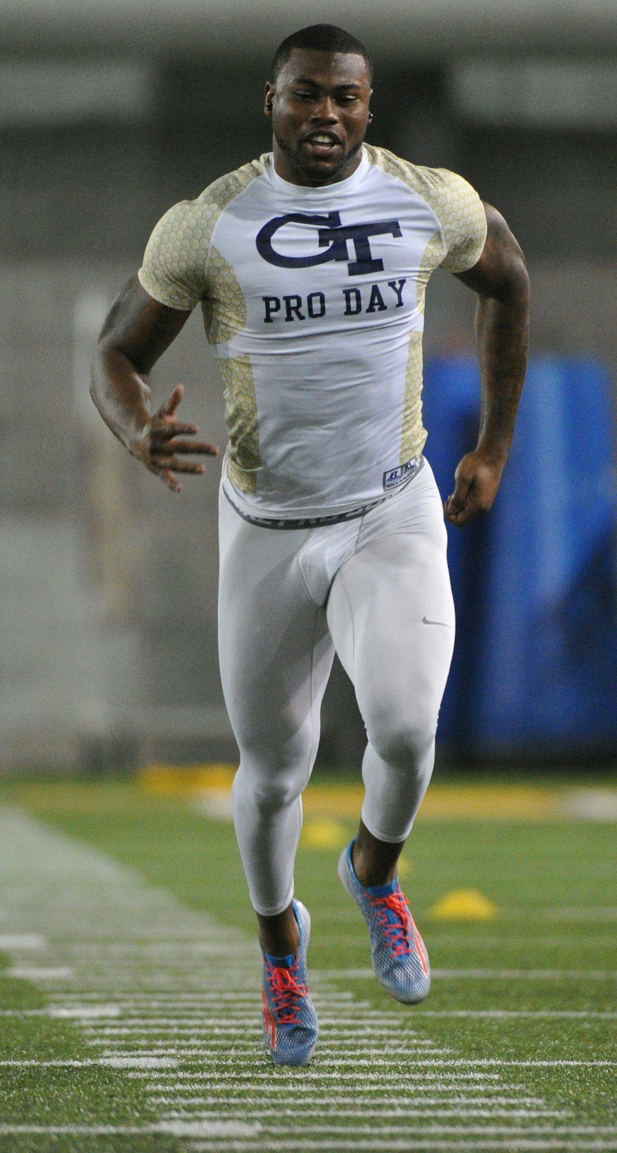 Georgia Tech NCAA college football linebacker Brandon Watts runs his 40-yard dash for scouts during NFL pro day Friday, March 28, 2014, in Atlanta. (AP Photo/David Tulis) ORG XMIT: NYOTK