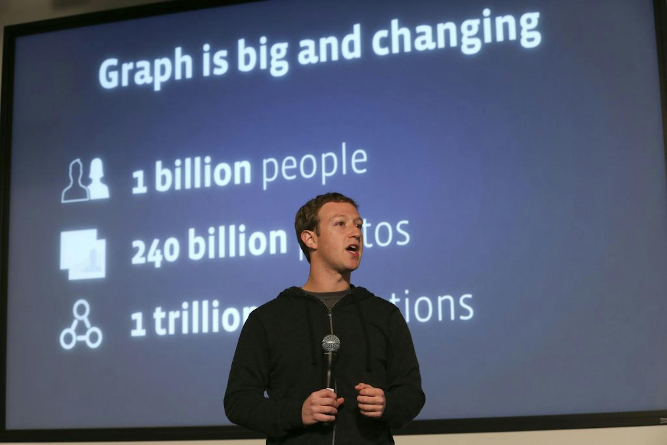 Mark Zuckerberg, the chief executive of Facebook, speaks during the unveiling of a new search feature for Facebook at a news conference in Menlo Park, Calif., Jan. 15, 2013. Called "graph search," the new service lets users search their social connections for information about people, interests, photos and places.