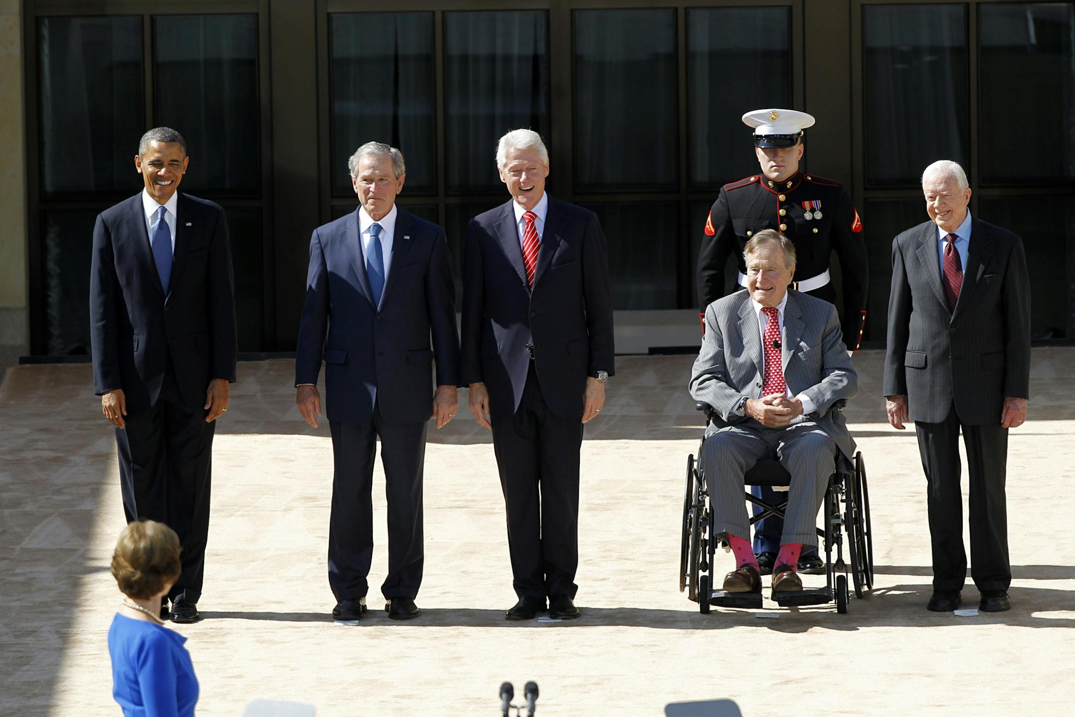 President Barack Obama, and former presidents, from second from left, George W. Bush, Bill Clinton, George H.W. Bush and Jimmy Carter arrive for the dedication of the George W. Bush Presidential Center ,Thursday, April 25, 2013, in Dallas. (AP Photo/The Dallas Morning News, Tom Fox) MANDATORY CREDIT; MAGS OUT; TV OUT; INTERNET USE BY AP MEMBERS ONLY; NO SALES