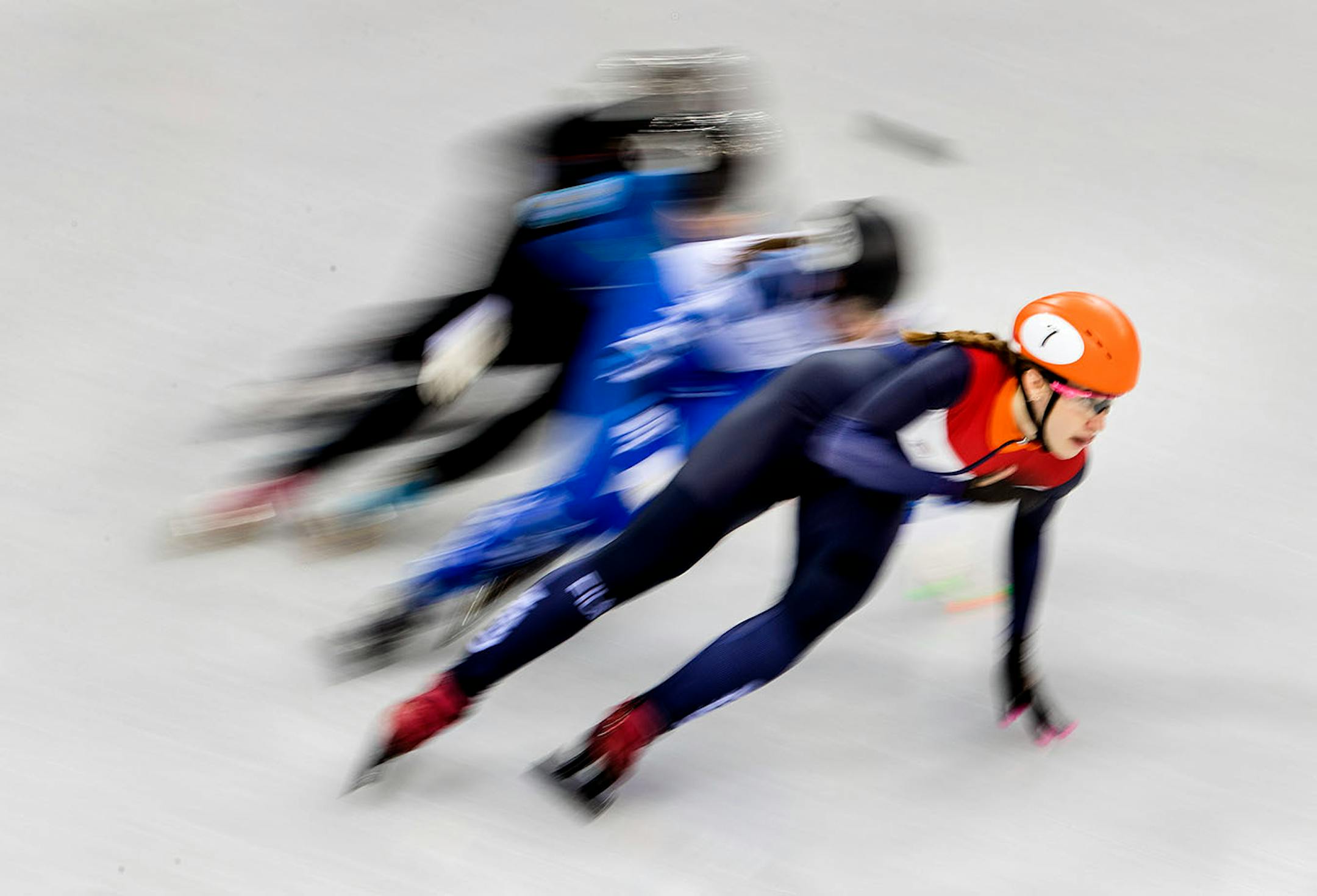 Suzanne Schulting (7) of the Netherlands led skaters during the women's 1,000m short track heat.