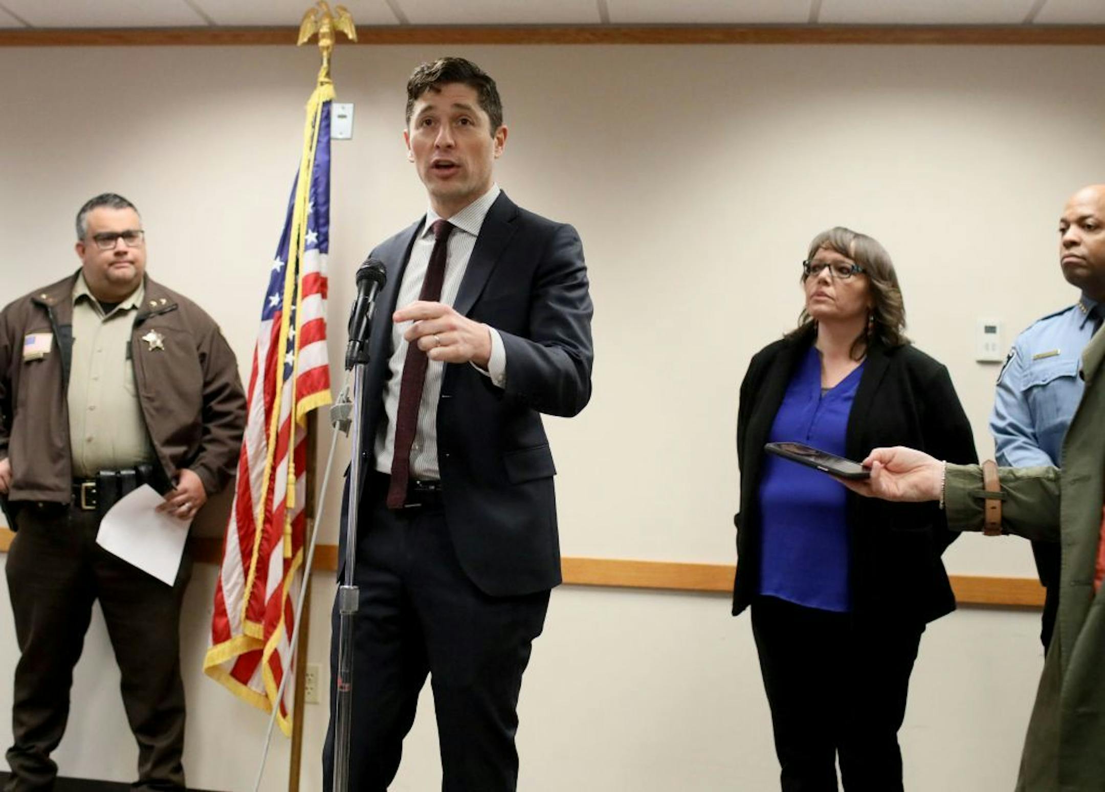 Minneapolis mayor Jacob Frey talks about solutions to the opioid epidemic after the findings of a taskforce of city, county and state leaders as well as non-profits, health providers and grassroots advocacy groups tackled the issue was seen during a press conference Thursday, April 4, 2019, at Minneapolis City Hall in Minneapolis, MN. Standing behind Hutchinson is Hennepin County Sheriff Dave Hutchinson, left to right, Mary LaGarde, executive director of the Minneapolis American Indian Center, a
