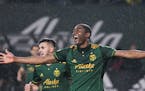 Fanendo Adi celebrated a goal for the Portland Timbers in 2018.