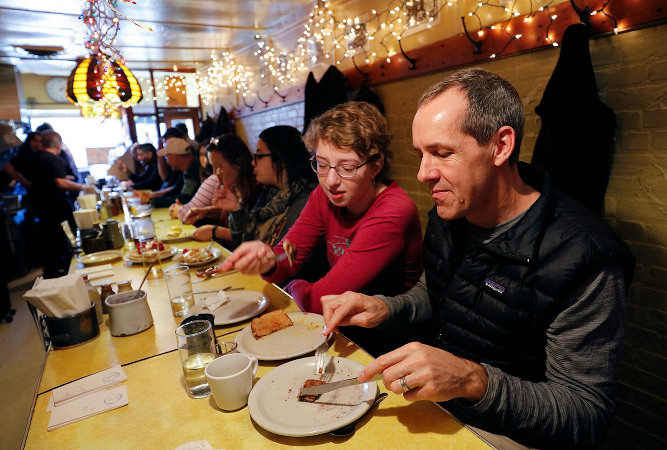 A changing of the guard at the institution, Al's Breakfast. Doug Grina, one of the original owners and Alison Kirwin, his new partner, at the tiny 14-seat restaurant. Some of the food they are famous for are dishes like the, blueberry/walnut pancakes, bacon waffle, and the "Jose."
