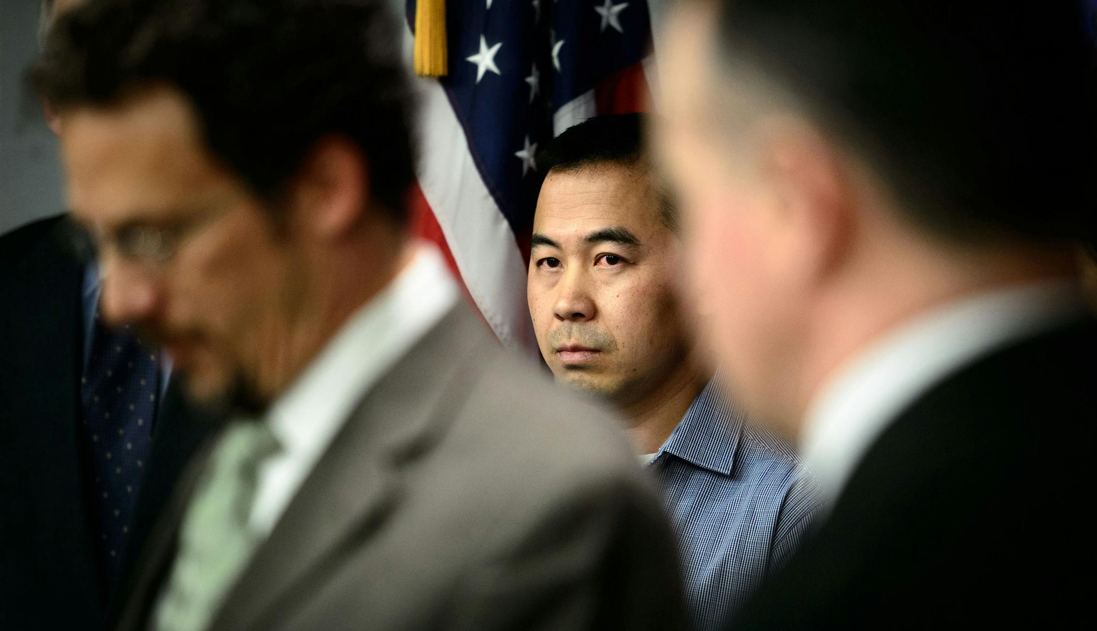 Koua Fong Lee listened as Sen Ron Latz and Rep. John Lesch announced a bill that would compensate people who were wrongly convicted and imprisoned for crimes they did not commit and were later exonerated. Koua Fong Lee spent almost three years in jail and was later exonerated. Tuesday morning, January 28, 2014 ] GLEN STUBBE * gstubbe@startribune.com