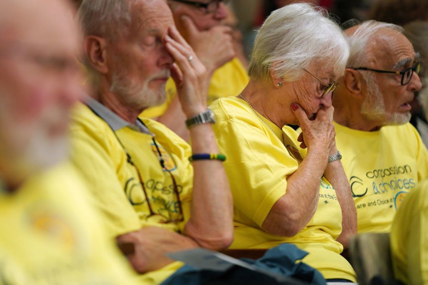 Supporters of the proposed End-of-Life Options Act listened as Marianne Turnbull of St. Paul, who has stage four ovarian cancer, testified at the Minnesota State Office Building.