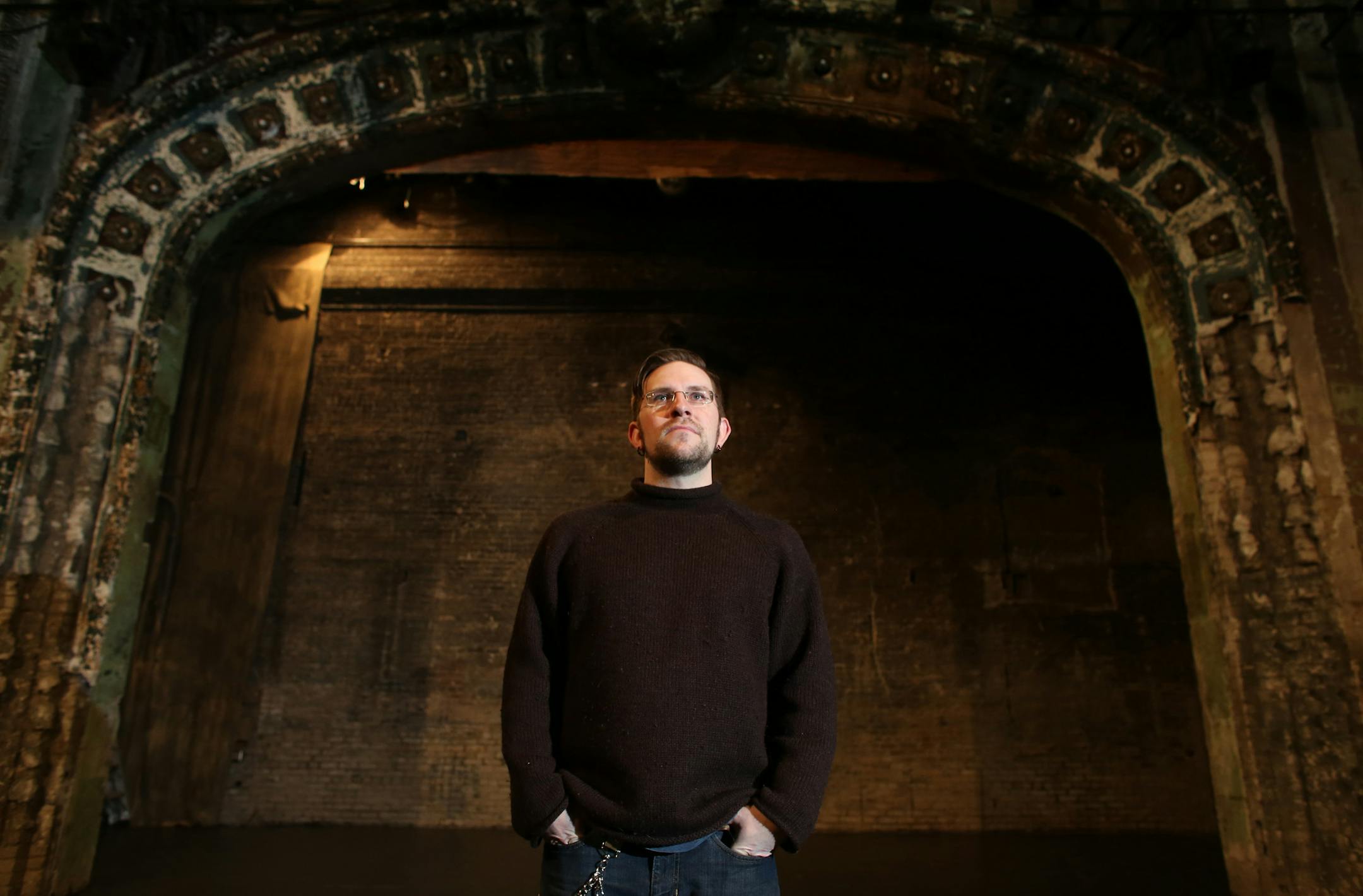 Damon Runnals, the sole employee of The Southern Theater, launched a subscription program where members can attend as many shows as they want for $18 a month. ] (KYNDELL HARKNESS/STAR TRIBUNE) kyndell.harkness@startribune.com At The Southern Theater in Minneapolis, Min., Tuesday, February 17, 2015.