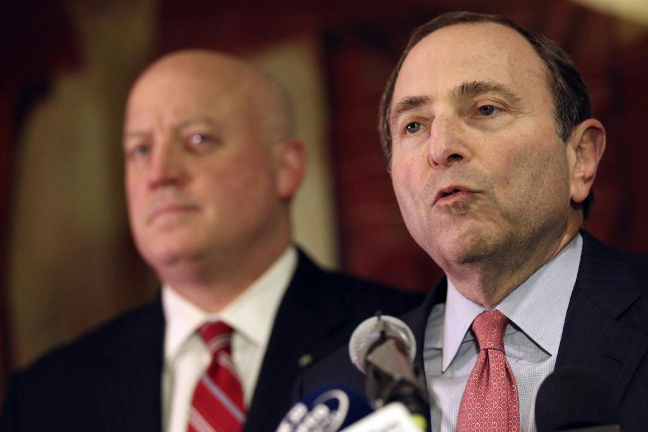 NHL commissioner Gary Bettman, right, and deputy commissioner Bill Daly and speak to reporters on Thursday, Dec. 6, 2012, in New York. The NHL has rejected the players' latest offer for a labor deal and negotiations have broken off at least until the weekend.