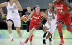United States guard Sue Bird (6) brings the ball up court during the first half of a women's basketball game against Canada at the Youth Center at the
