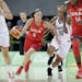 United States guard Sue Bird (6) brings the ball up court during the first half of a women's basketball game against Canada at the Youth Center at the