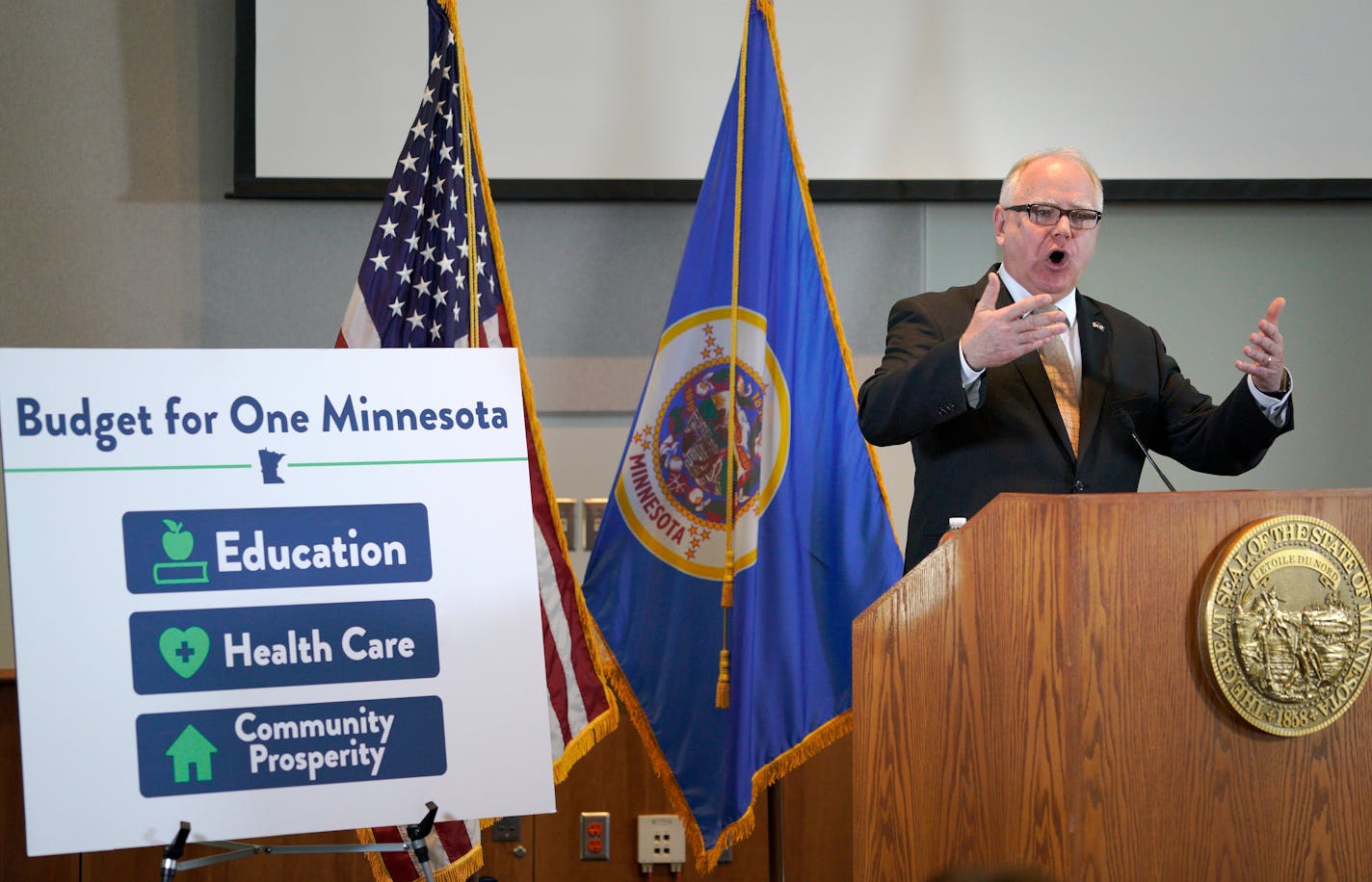 Minnesota Gov. Tim Walz proposed a state budget that would raise gas and vehicle taxes and spend more money on priorities he touted as a candidate.