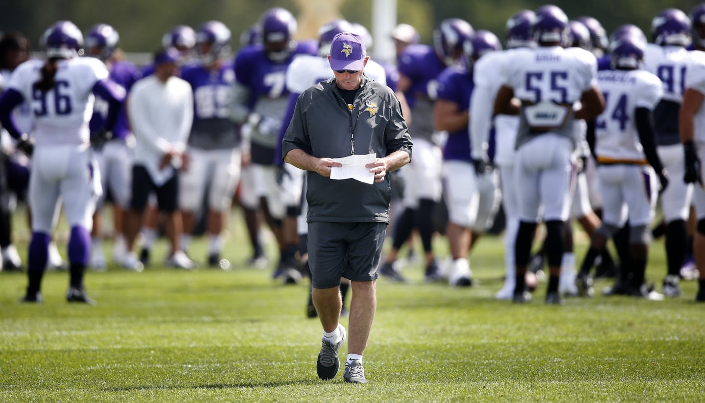 Minnesota Vikings head coach Mike Zimmer during practice on Wednesday.