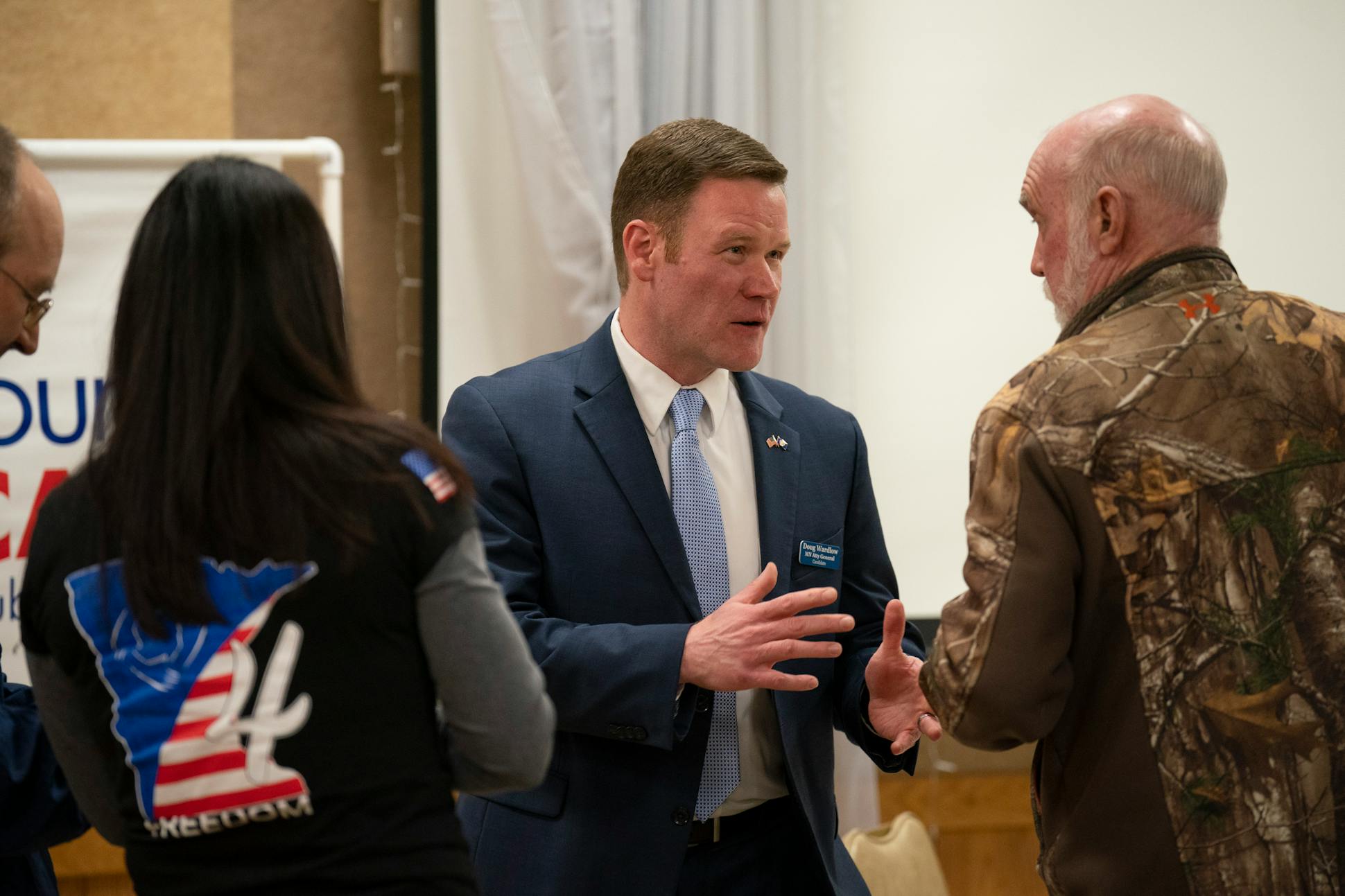 Doug Wardlow visited with attendees after a forum featuring four Republican candidates for Minnesota attorney general at the Owatonna VFW.