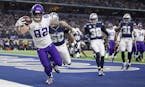 Minnesota Vikings tight end Kyle Rudolph (82) caught a touchdown pass over Dallas Cowboys outside linebacker Sean Lee (50) in the first quarter AT&T S