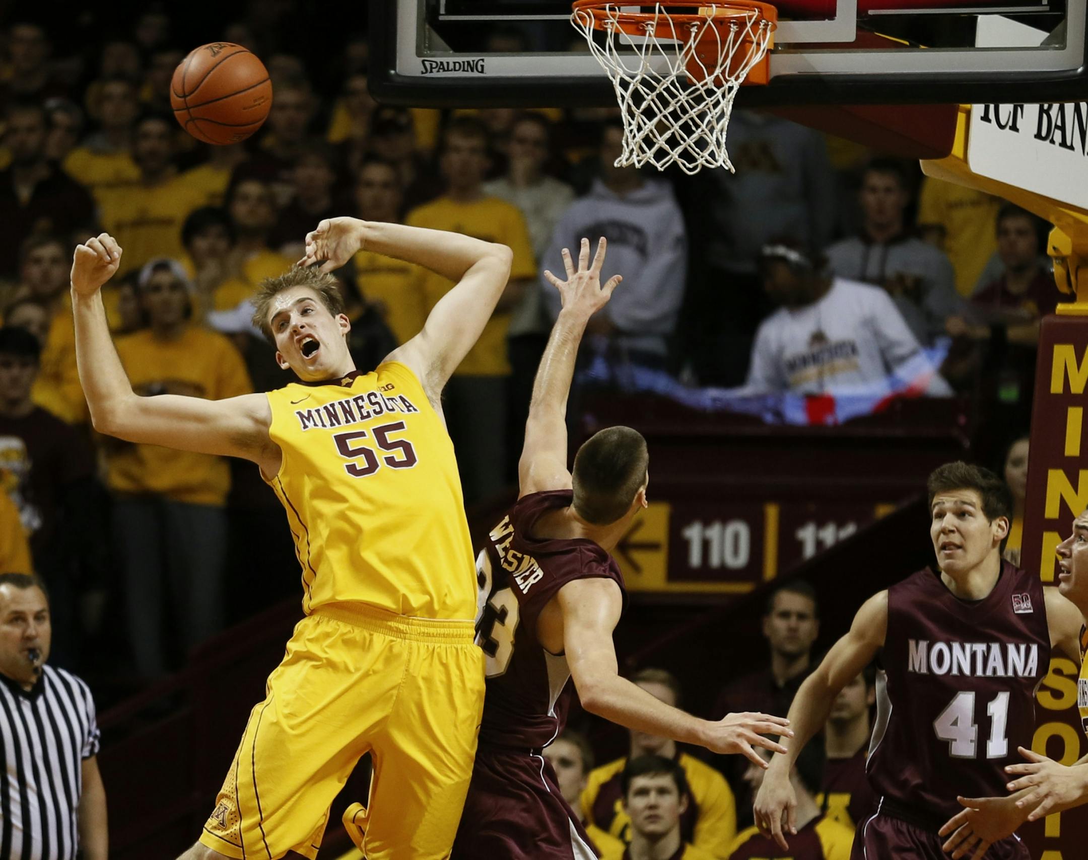 Minnesota Golden Gophers center Elliott Eliason (55) battled Montana Grizzlies forward Michael Weisner (33) for a rebound during NCAA basketball action between MInnesota and Montana at Williams arena Tuesday November 12, 2013 in Minneapolis , MN.
