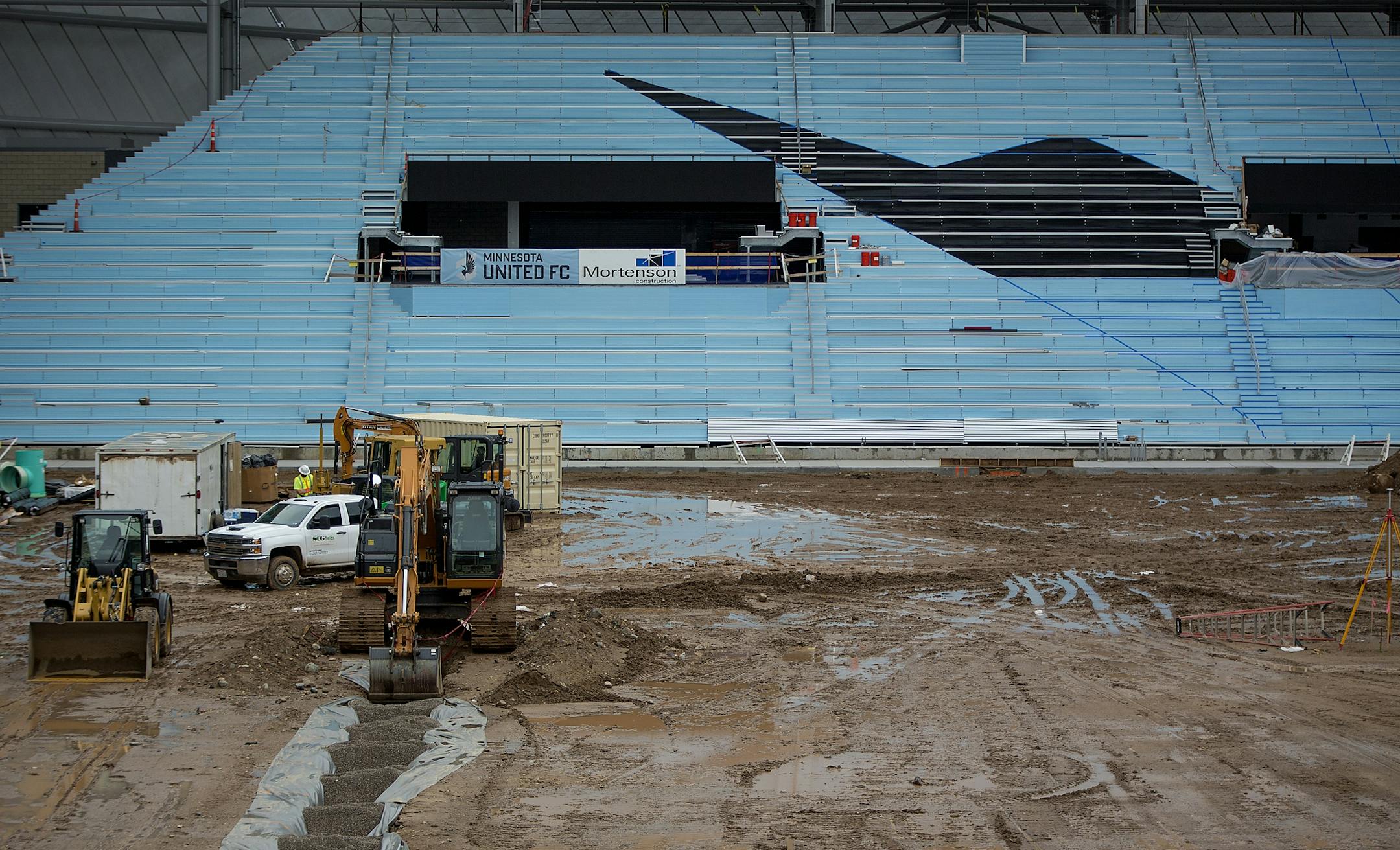 A loon is being painted on the stadium seating at Allianz Field, Tuesday, August 28, 2018 in St. Paul, MN.