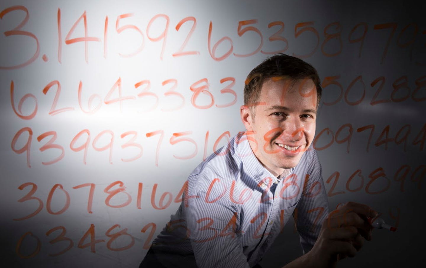 Dan Knights, a U professor, used a mnemonic device that turns numbers into words to memorize 2,000 digits of pi while in college. BACKGROUND INFORMATION: Dan Knights, a professor at the University of Minnesota, photographed with the numbers of pi written on a piece of glass in the Star Tribune studio in Minneapolis on Friday, March 10, 2017.