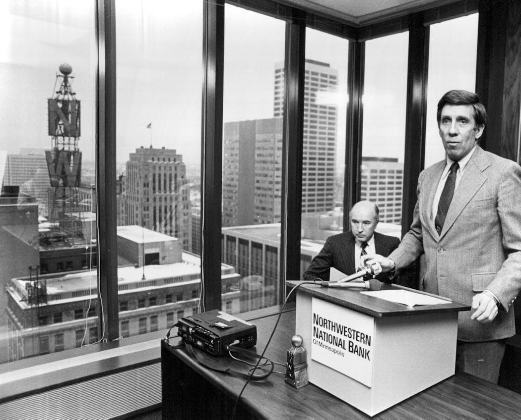 Northwestern National Bank Chairman Peter Gillette, right, discussed plans to donate the Weatherball to the Minnesota State Fair at a 1983 press conference.