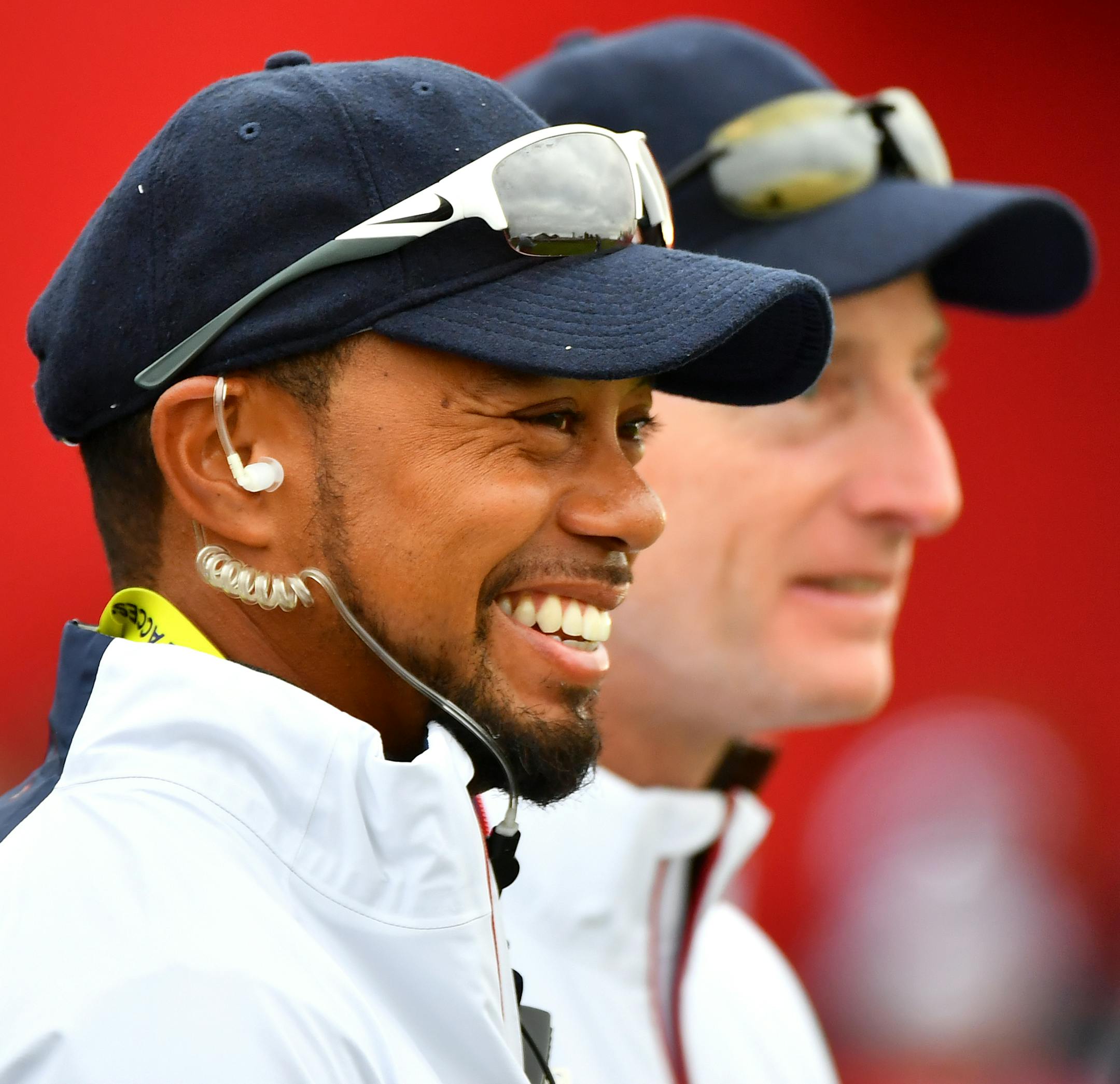 Team USA Vice Captain Tiger Woods shared a laugh with vice captain Jim Furyk as Team USA golfers warmed up on the driving range prior to Wednesday's Ryder Cup practice play at Hazeline. ] (AARON LAVINSKY/STAR TRIBUNE) aaron.lavinsky@startribune.com Team USA and Team Europe practiced for the Ryder Cup at Hazeltine National Golf Club on Wednesday, Sept. 28, 2016 in Chaska, Minn.