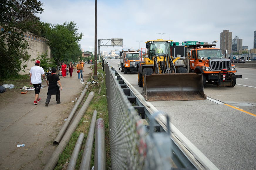 Nearly one week after MnDOT posted trespass notices at the Wall of Forgotten Natives, heavy machinery queued up while authorities including State Patrol forced people to evacuate in City, Minn., on Thursday, Aug. 24, 2023.