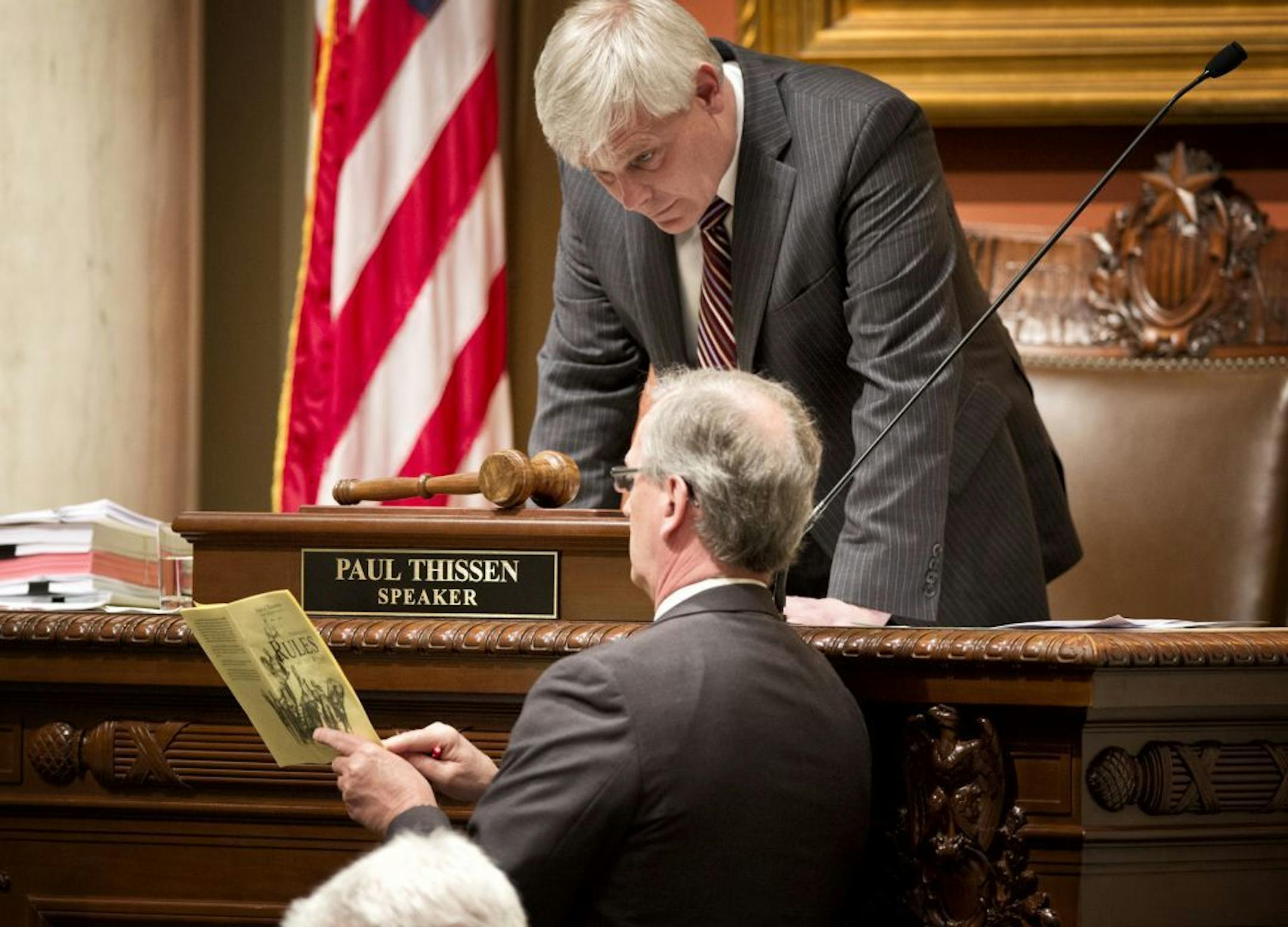 House Speaker Paul Thissen consulted House clerk on what constitutes a technical change on an amendment during minimum wage bill debate on the House floor. Friday, May 3, 2013