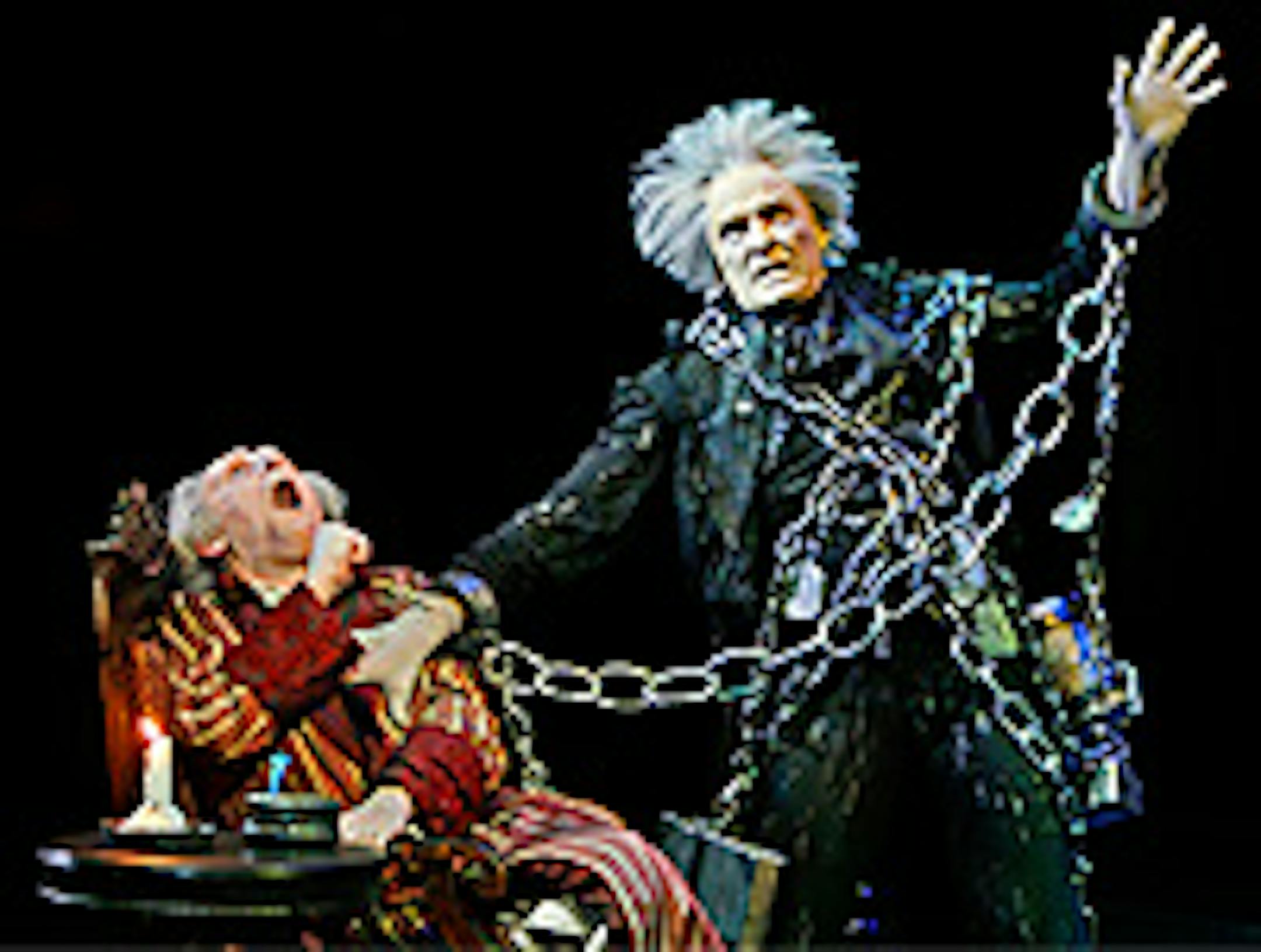 Nathaniel Fuller (Jacob Marley) and Raye Birk (Ebenezer Scrooge) in the Guthrie Theater production of "A Christmas Carol."