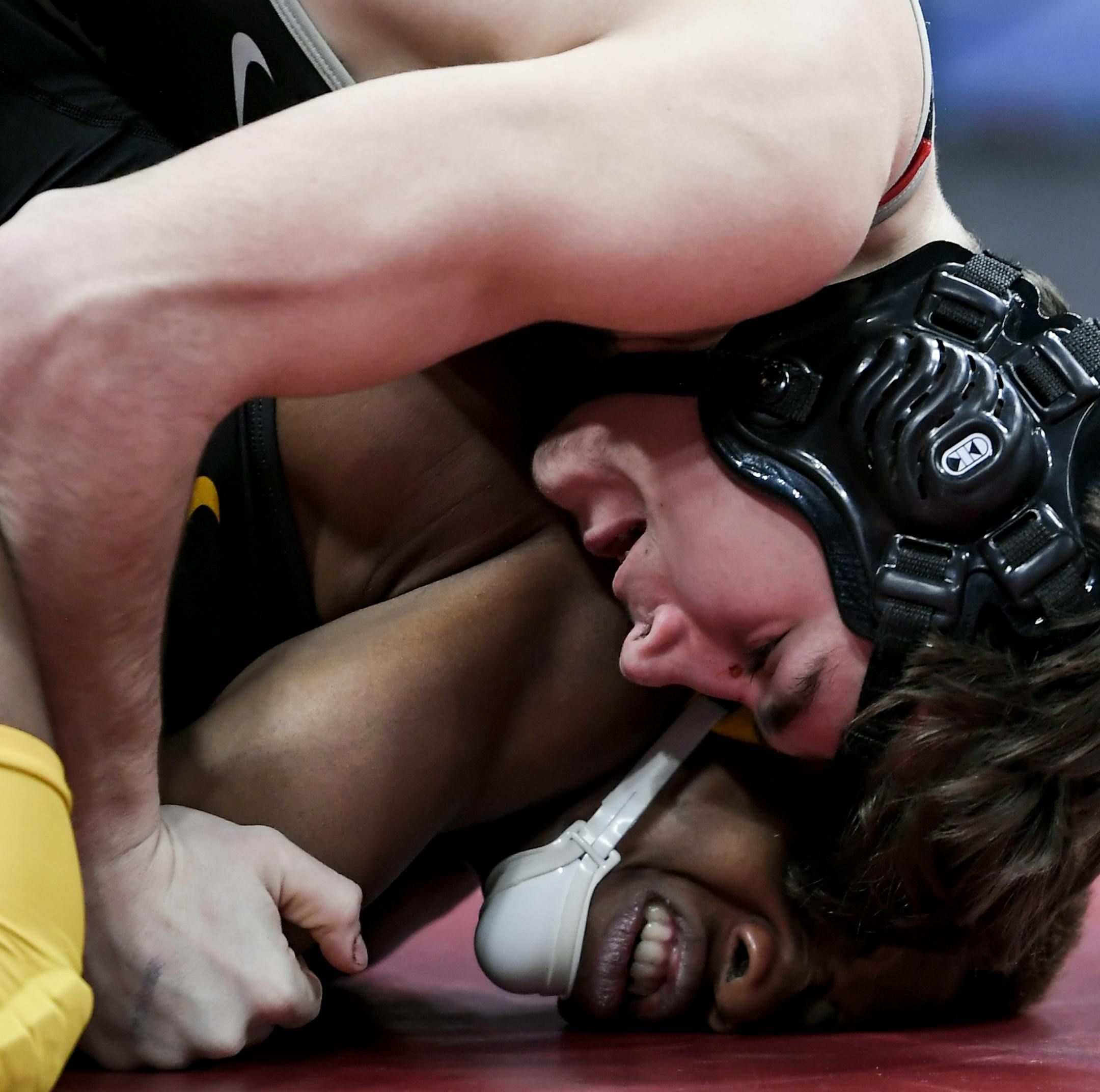 Reid Ballantyne, of Stillwater, wrestled Apple Valley&#xd5;s Martin Stewart in a Class 3A 126lb quarterfinal match Friday. Ballantyne won by decision 4-0. ] Aaron Lavinsky &#xa5; aaron.lavinsky@startribune.com The Class 3A, 2A and 1A wrestling state meet quarterfinals were held Friday, March 1, 2019 at the Xcel Energy Center in St. Paul. Minn.