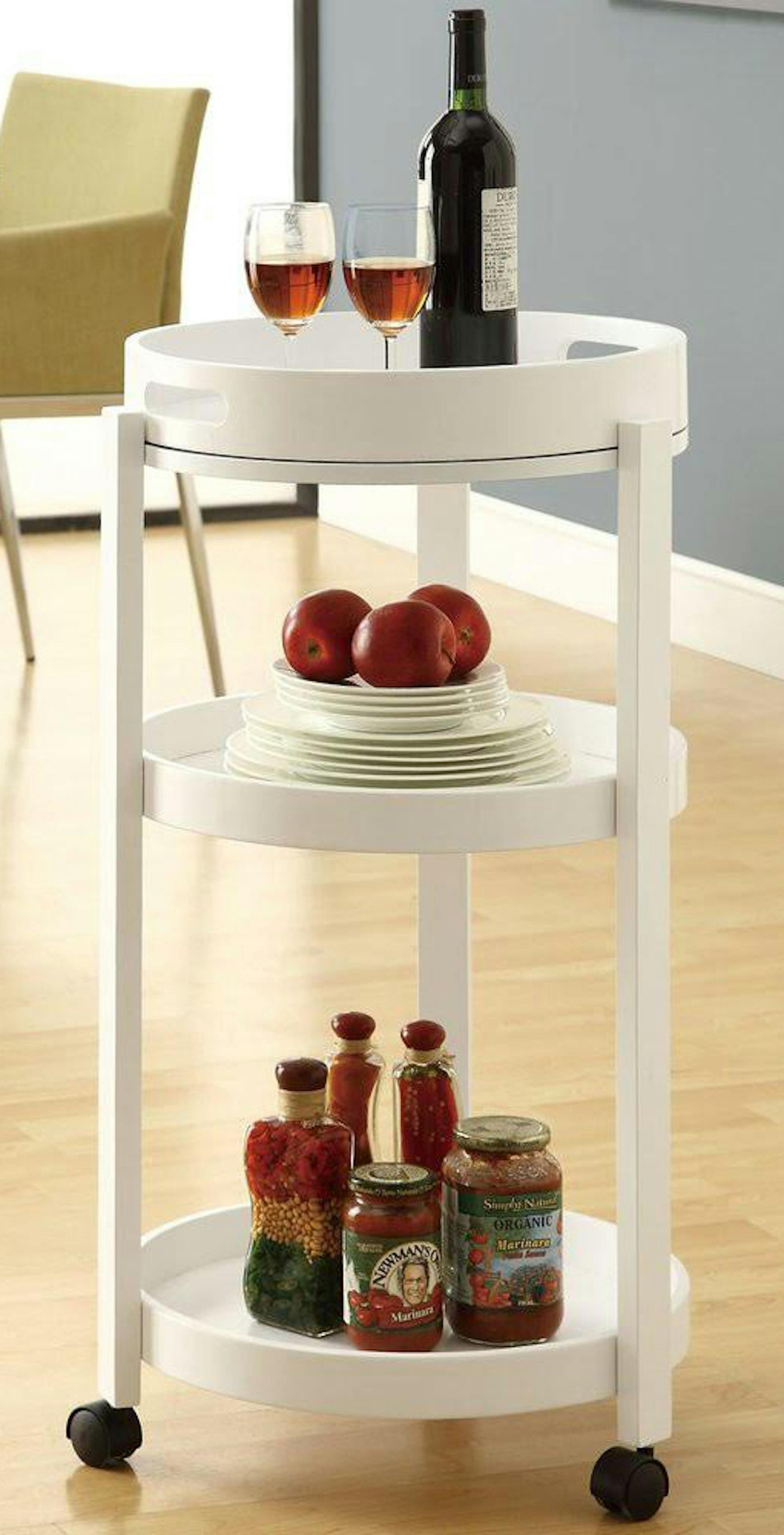 Small bar carts, such as the Monarch White Bar Cart, are ideal for tight spaces.